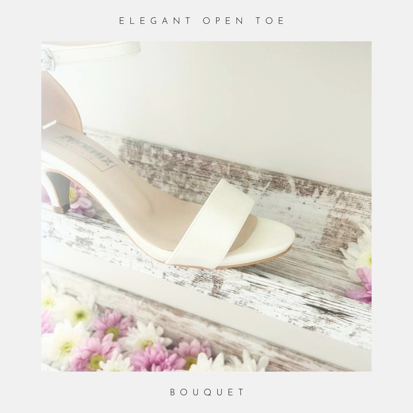 Ivory wedding sandal with open toe on a wooden surface with flowers