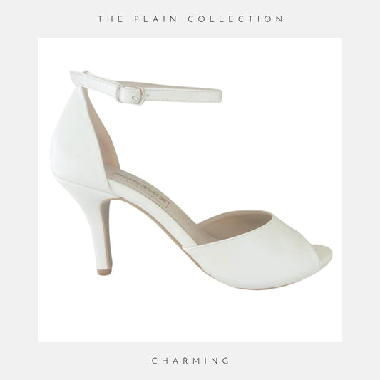 Elegant peep toe high heel wedding shoe with ankle strap shown plain on a white background, text reads The Plain Collection and the name Charming