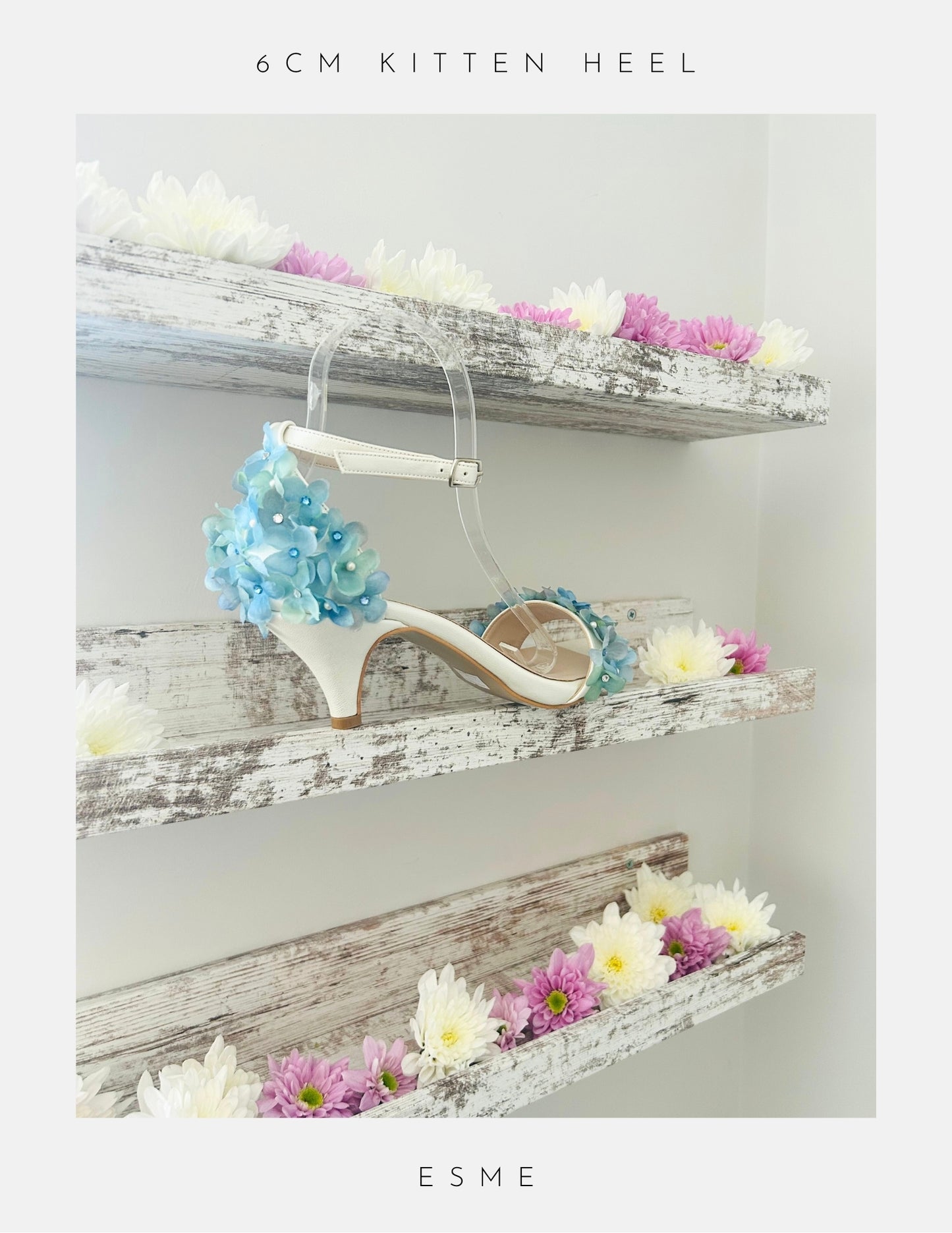 Ivory kitten heel bridal shoe with pretty hydrangeas and finished with crystals and pearls
