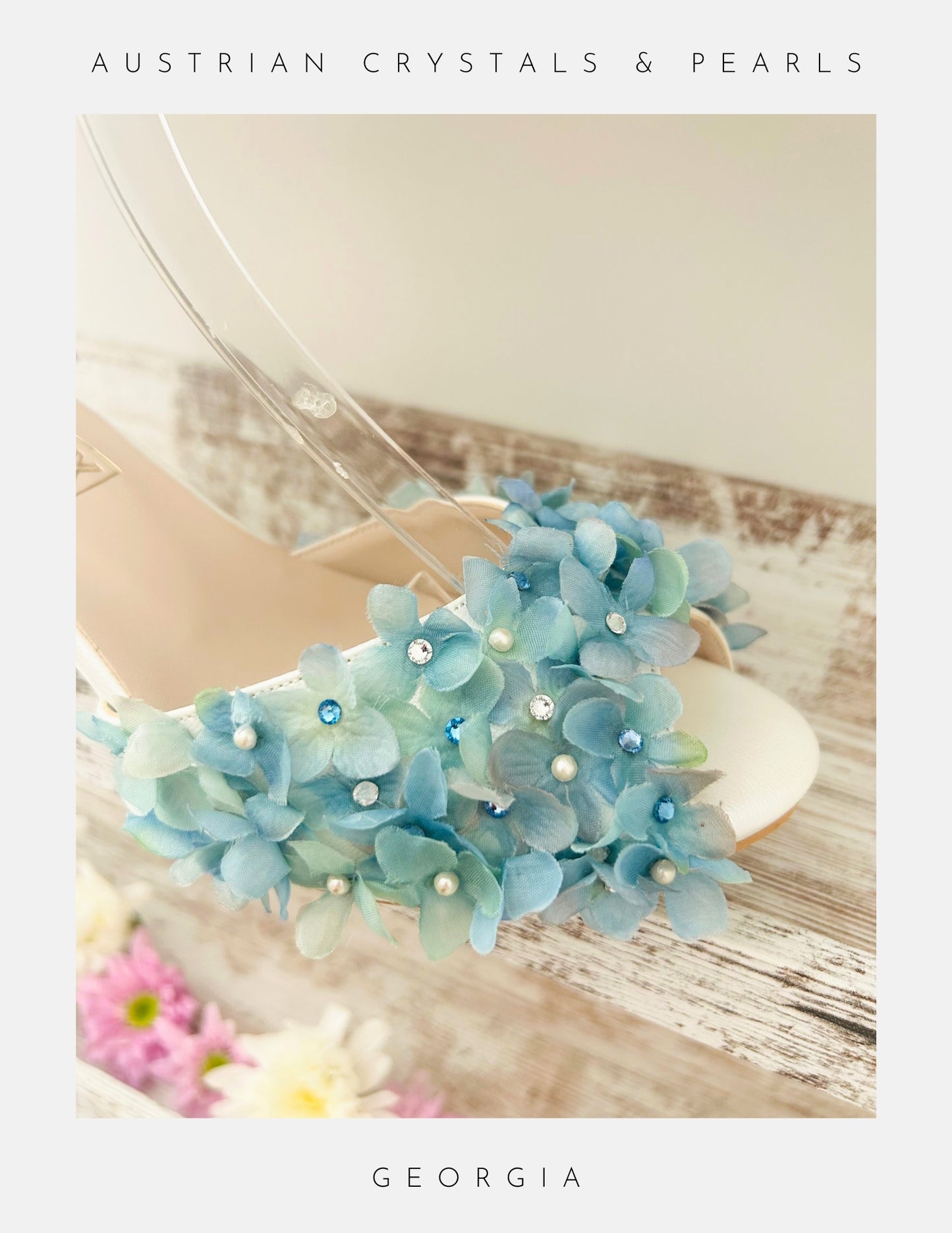 Blue floral peep toe bridal shoe with pearls on a white background, labelled 'Austrian Crystals & Pearls' and 'Georgia'.