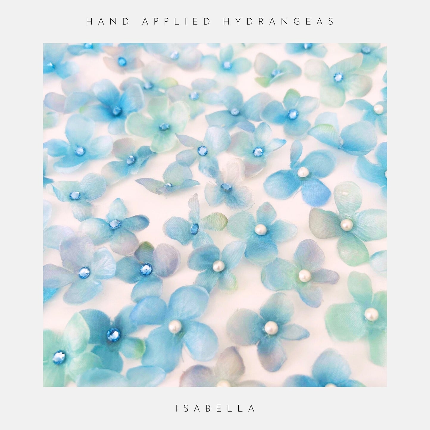 Pattern of blue and green hydrangeas with 'Hand Applied Hydrangeas' and 'Isabella' text.