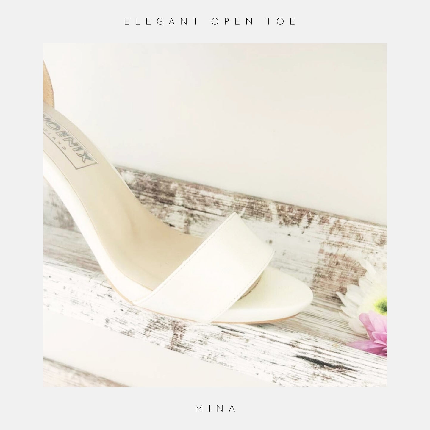 Ivory high heel shoe on a textured surface with 'Mina' branding