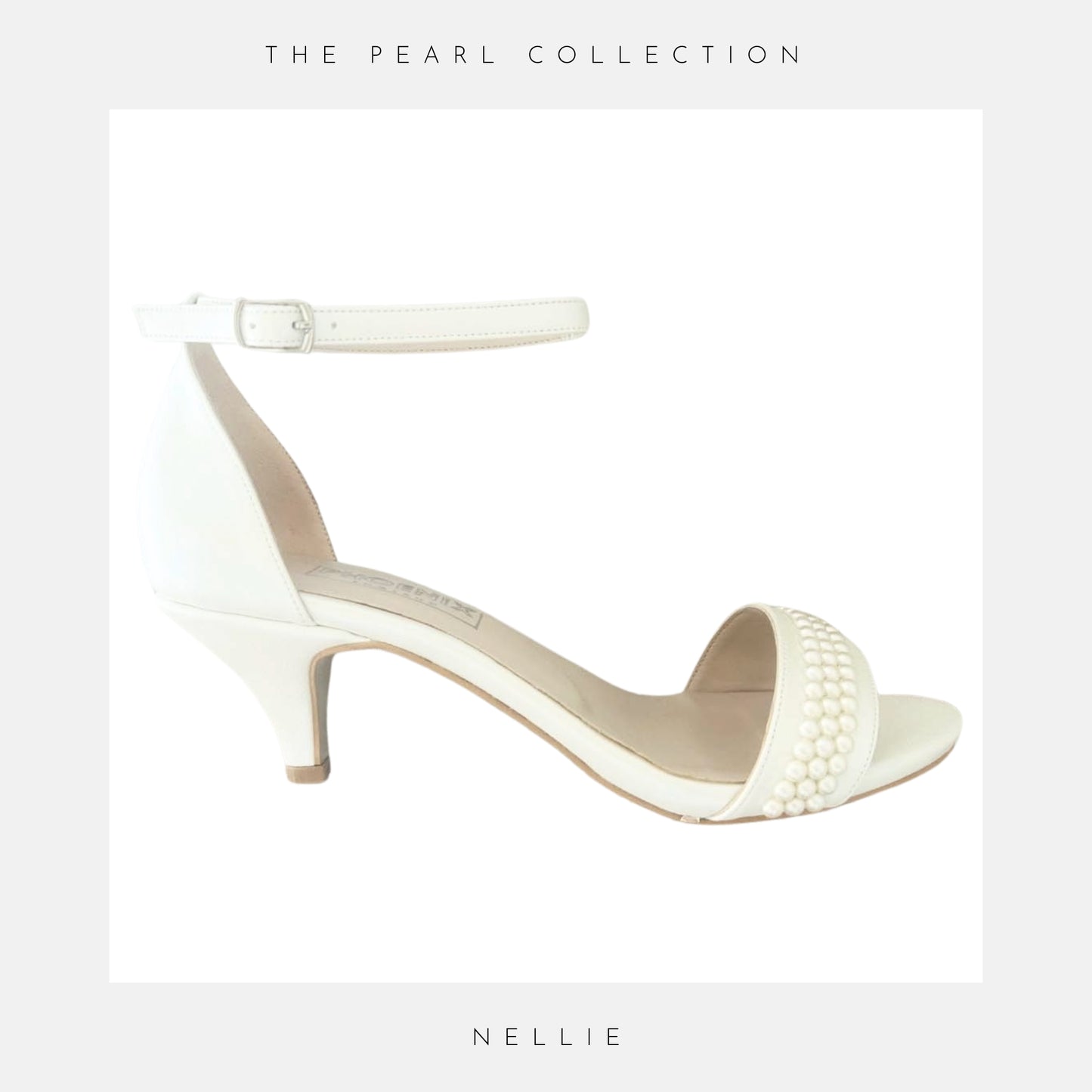Ivory high-heeled sandal with pearl details on a light grey background, labelled 'NELLIE' from 'THE PEARL COLLECTION'.