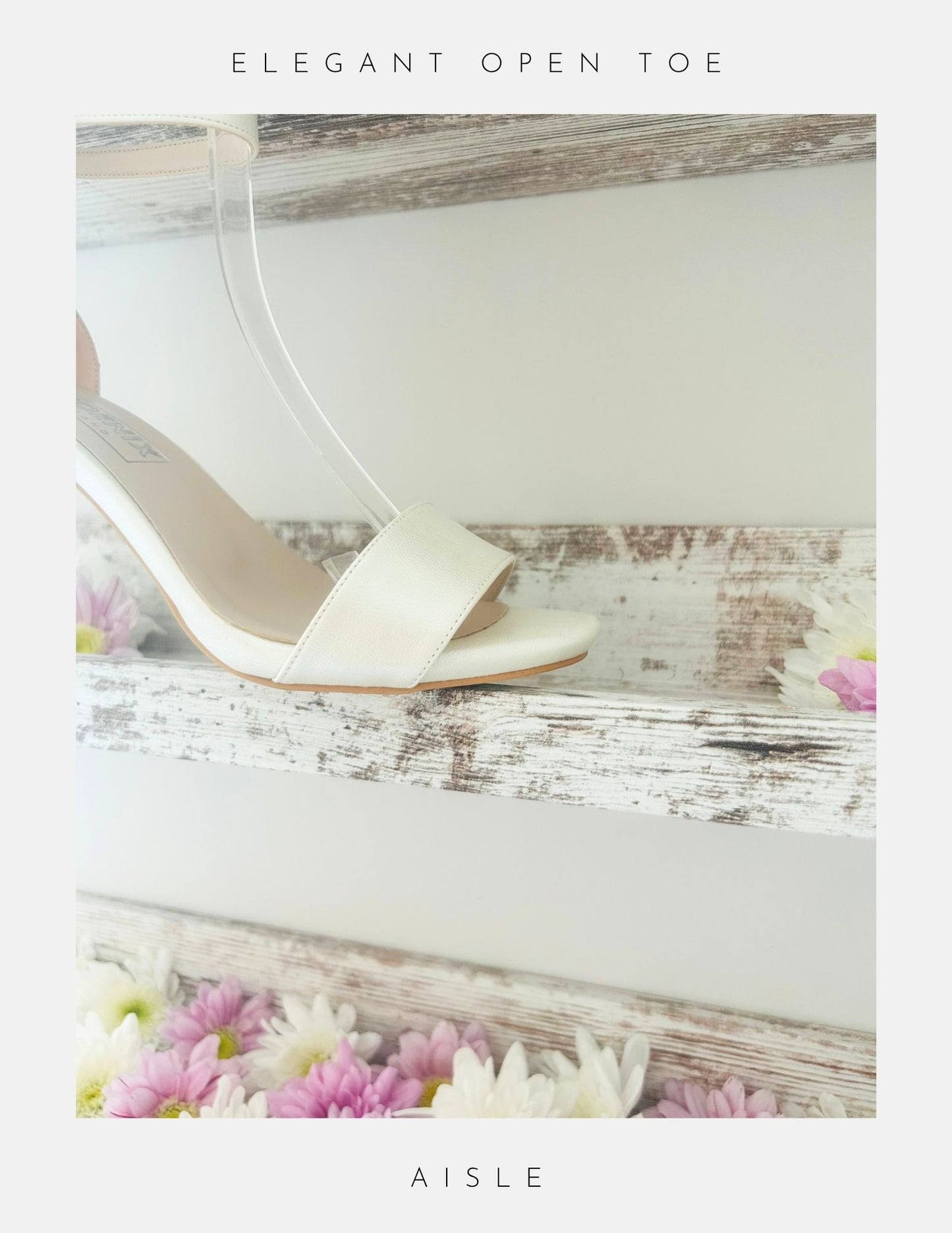 ivory wedding sandal with open toe on a wooden surface with flowers