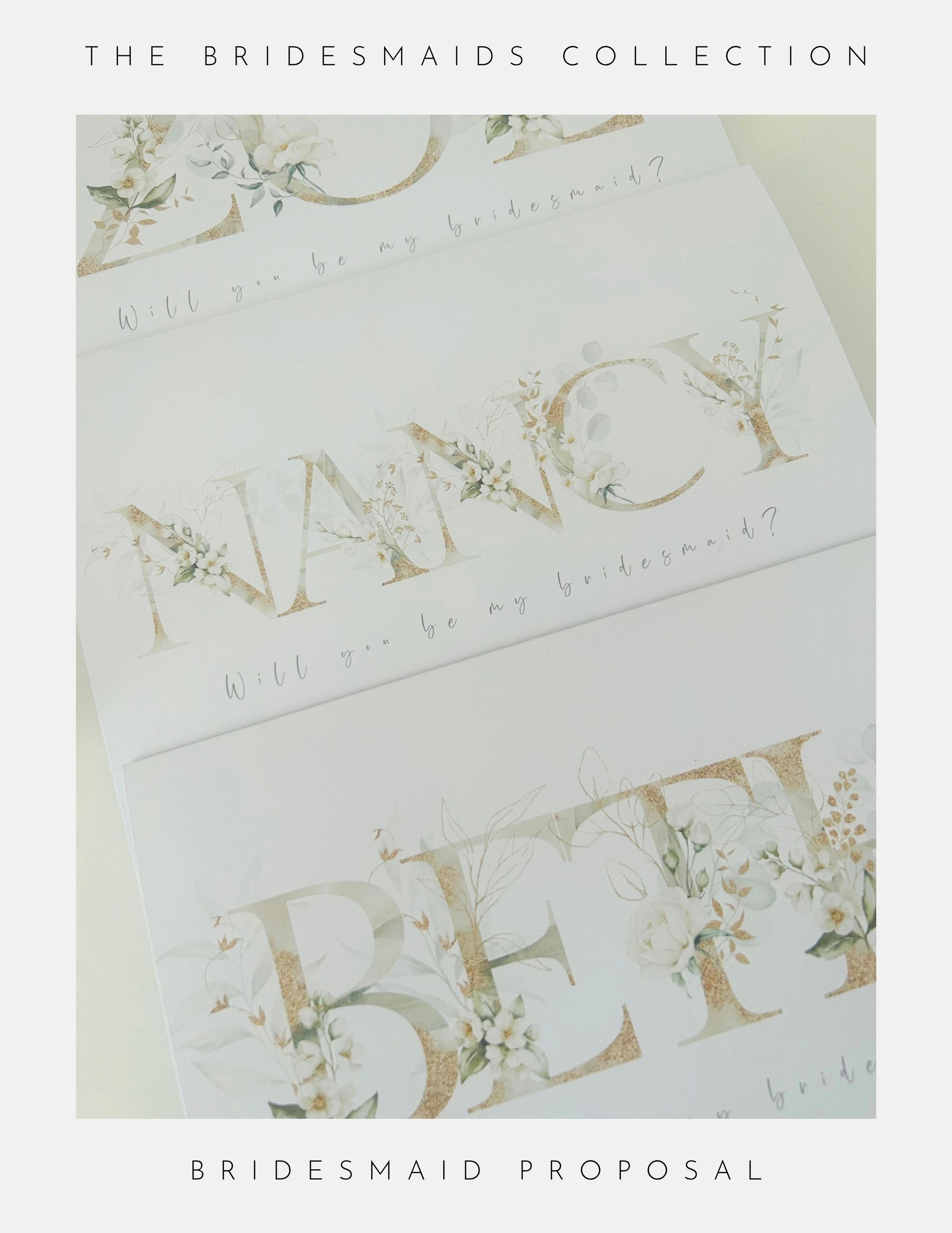 Three elegant cards from Phoenix England’s Be My Bridesmaid Gifts feature floral designs and gold lettering, perfect for proposing to bridesmaids and pairing with sterling silver jewellery.