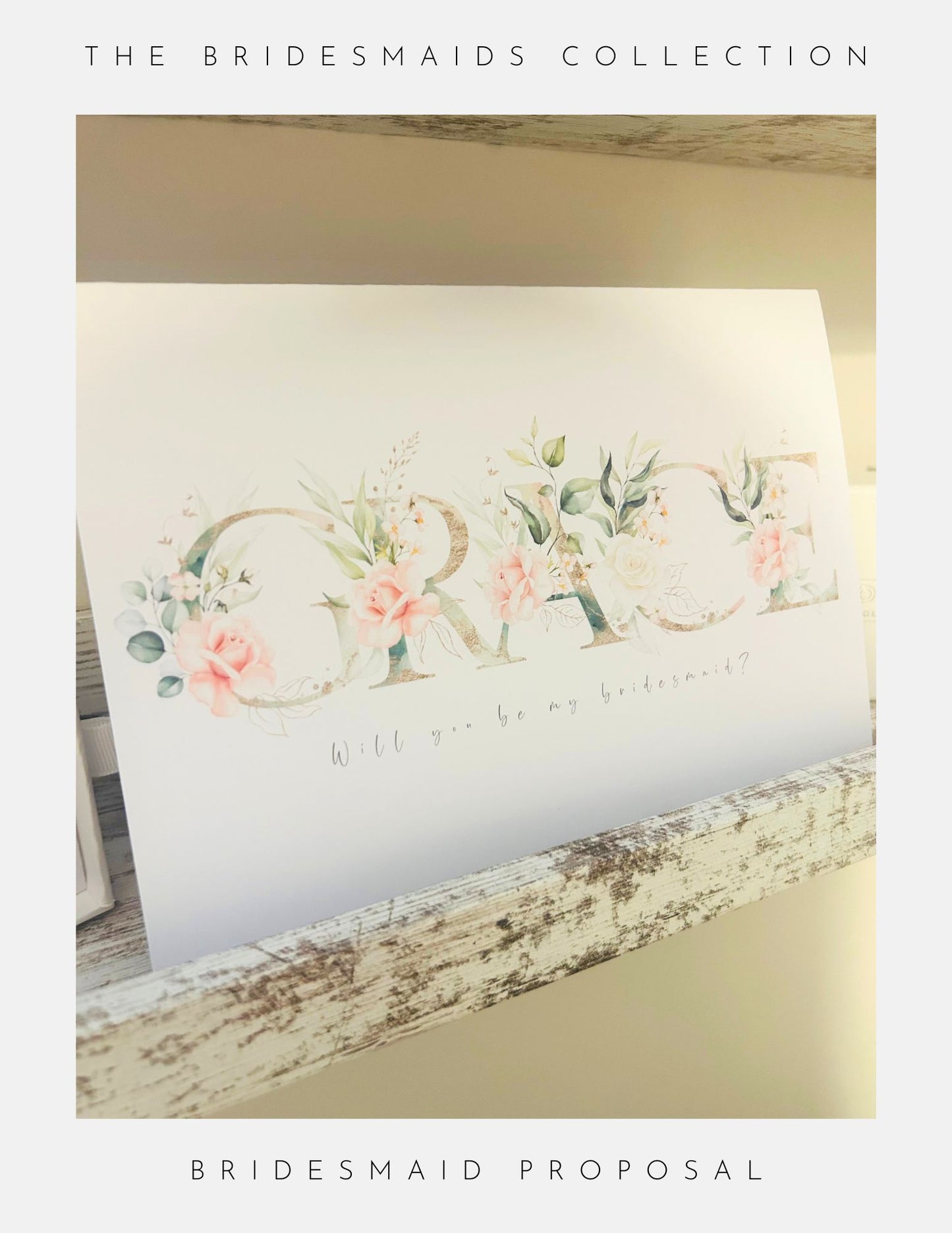 A pastel floral bridesmaid proposal card featuring “Grace” in bold letters and “Will you be my bridesmaid?”—perfect for pairing with Phoenix England’s Bridesmaids Proposal Ideas Sterling Silver gifts.