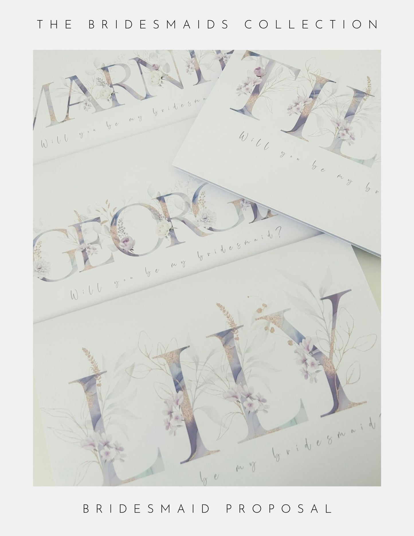 Three floral-themed cards with names Marnie, Georgia, and Lily in decorative letters, each asking Will you be my bridesmaid? from the Bridesmaids Proposal Sterling Silver collection by Phoenix England.
