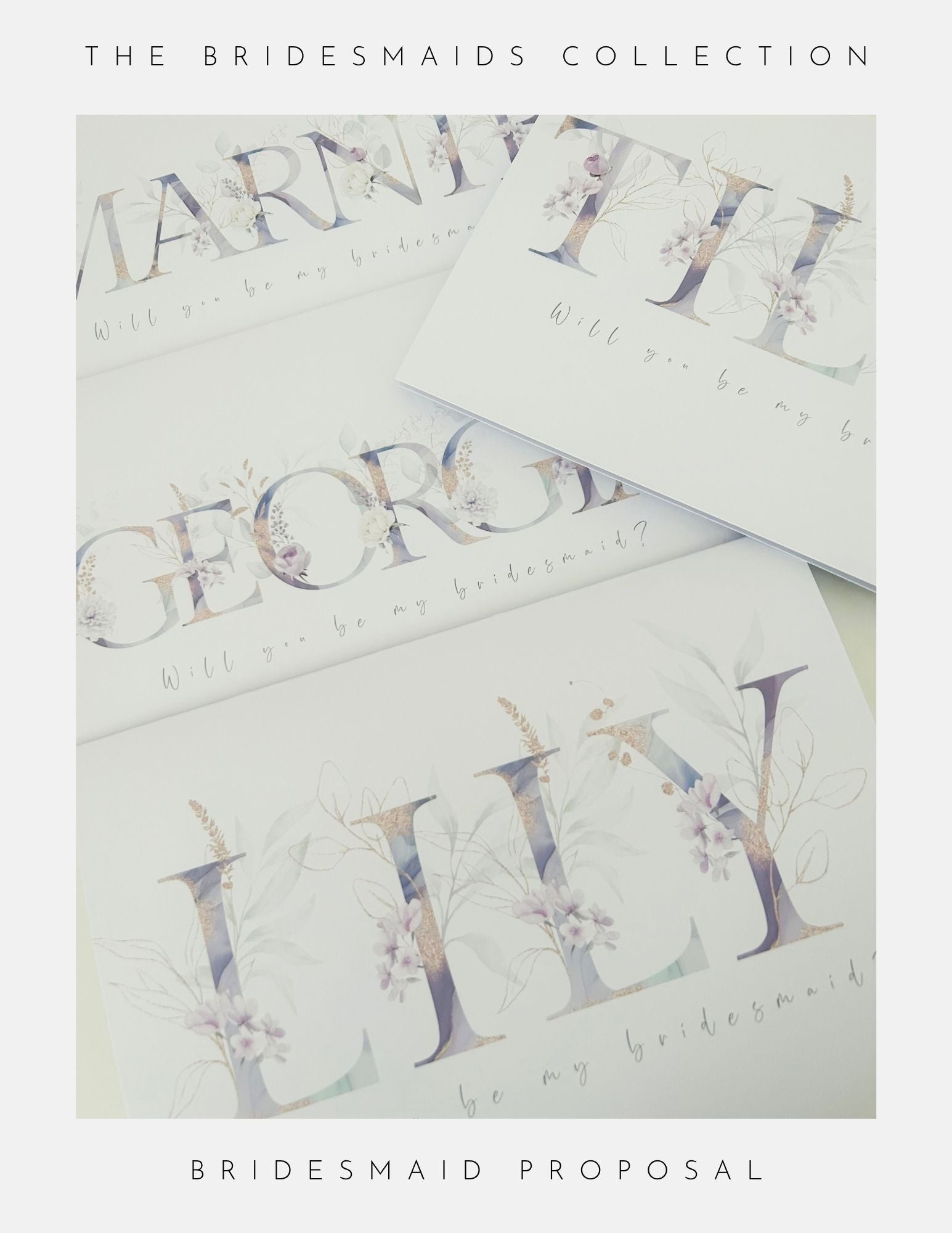 Three floral-themed cards with names Marnie, Georgia, and Lily in decorative letters, each asking Will you be my bridesmaid? from the Bridesmaids Proposal Sterling Silver collection by Phoenix England.