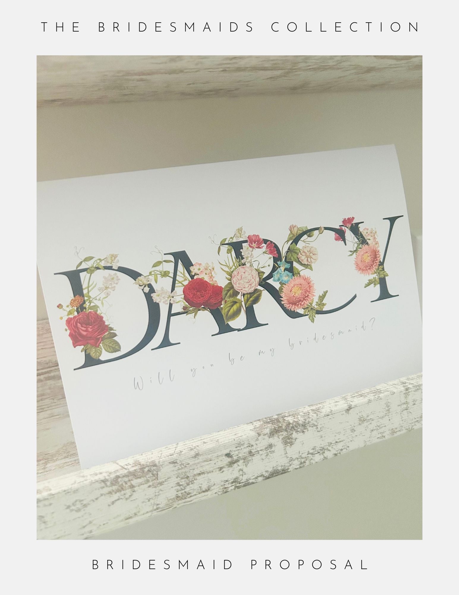 A Phoenix England card from the Bridesmaids Proposal Box Ideas collection features DARCY with colorful flowers and Will you be my bridesmaid?—a perfect choice for creative bridesmaid proposals.