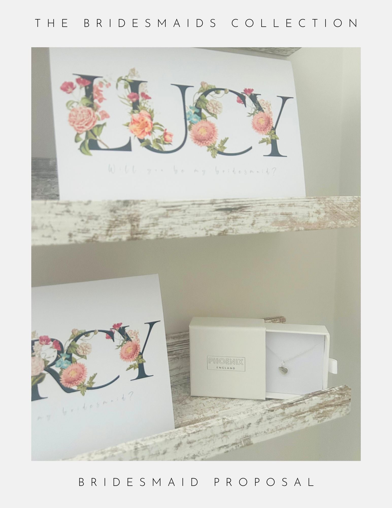 Two Bridesmaids Proposal Box Ideas by Phoenix England are displayed on rustic wooden shelves, next to a jewelry box with delicate bridesmaid jewellery. Text reads: The Bridesmaids Collection and Bridesmaid Proposal.