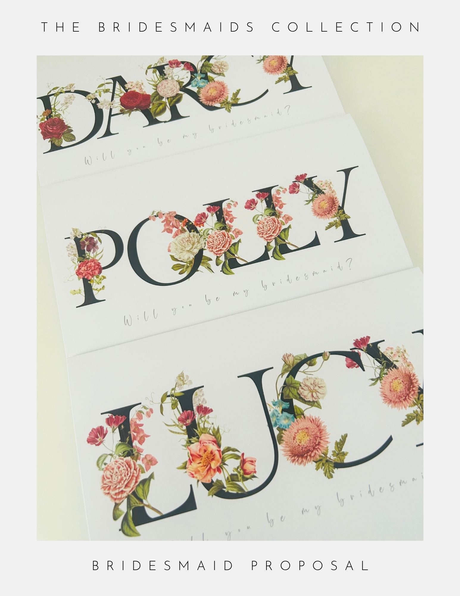 Phoenix England Bridesmaids Proposal Box Ideas: Set of 3 floral cards with bold names (DARCY, POPPY, LUCY) and colorful flower designs. “Will you be my bridesmaid?” is featured below for a unique proposal touch.