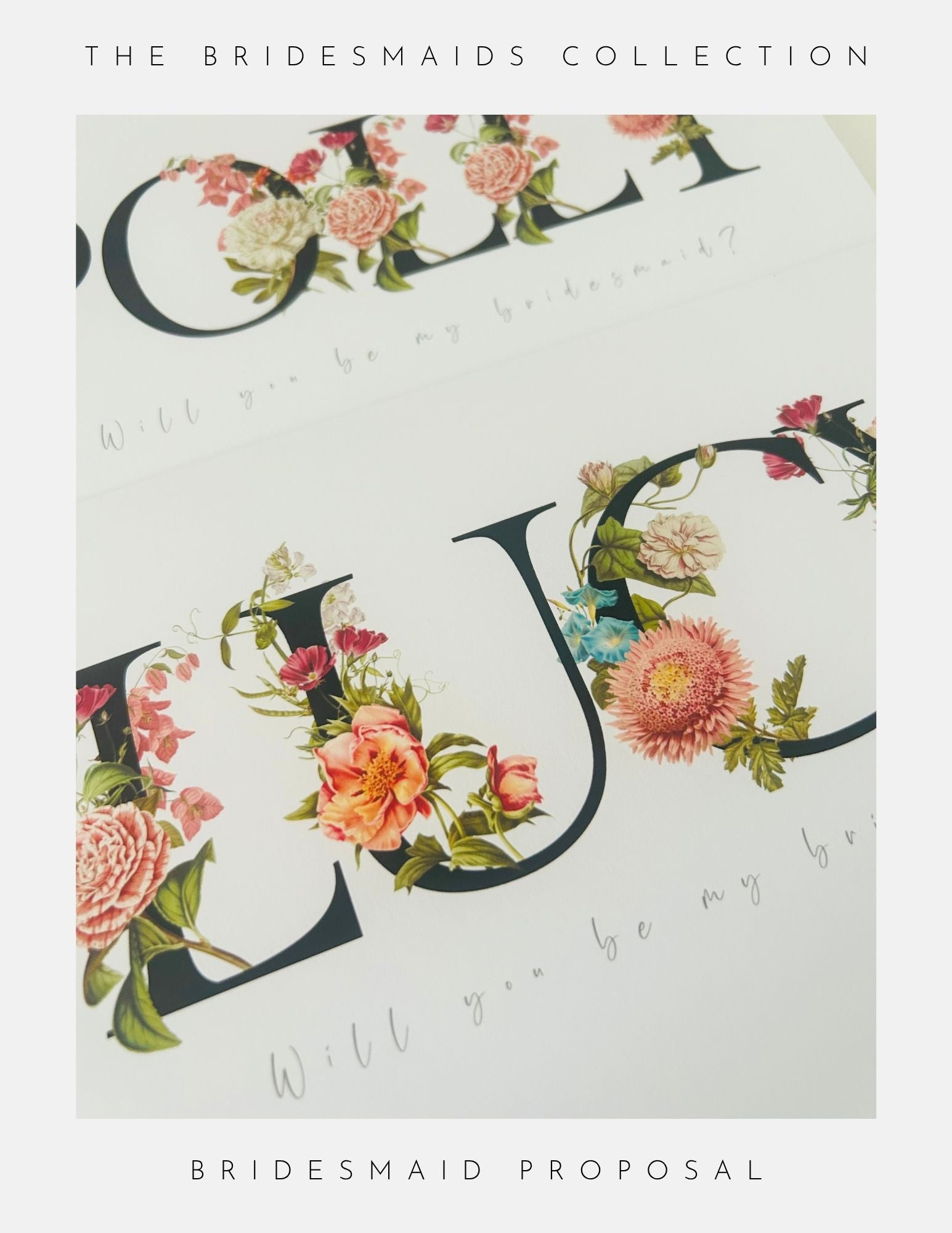 Two elegant Bridesmaids Proposal Cards by Phoenix England feature large, floral letters and “Will you be my bridesmaid?” below. Part of the Bridesmaids Proposal Box Ideas, they pair perfectly with proposal jewellery gifts.