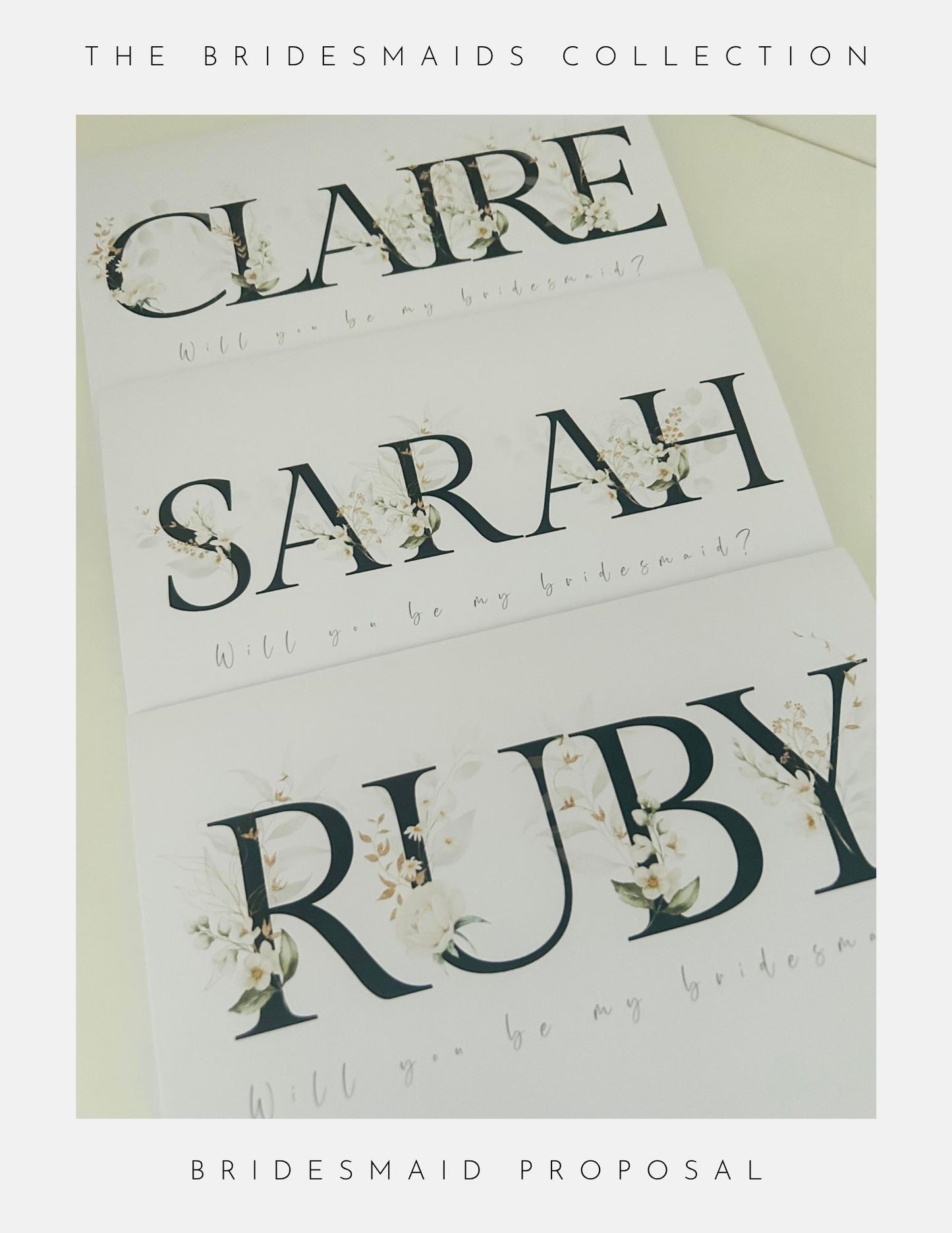 Phoenix England’s Bridesmaids Proposal Cards feature floral accents and handwritten “Will you be my bridesmaid?” messages for Claire, Sarah, and Ruby, under the heading The Bridesmaids Collection.