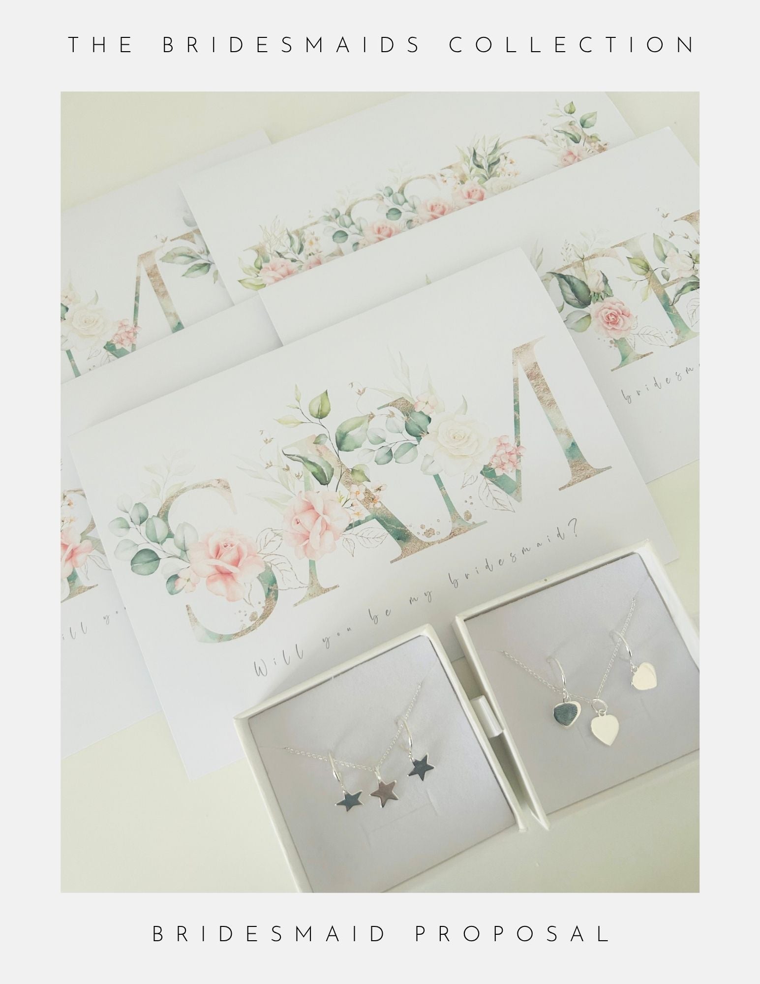 The Phoenix England Bridesmaids Proposal Ideas Sterling Silver set includes floral initial cards asking Will you be my bridesmaid? and two jewelry boxes with sterling silver star and heart pendant necklaces—ideal proposal gifts.