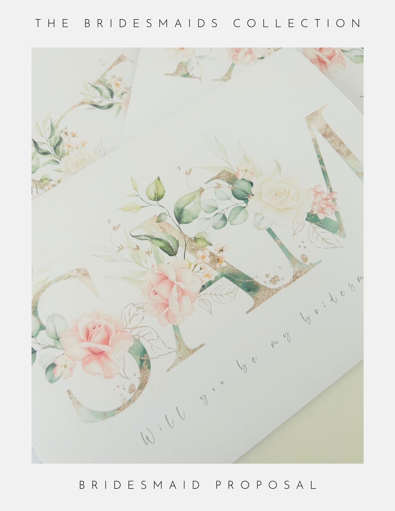 A sterling silver card by Phoenix England features elegant script asking Will you be my bridesmaid? with pastel florals and bespoke details—an ideal bridesmaids proposal gift from the Bridesmaids Proposal Ideas collection.