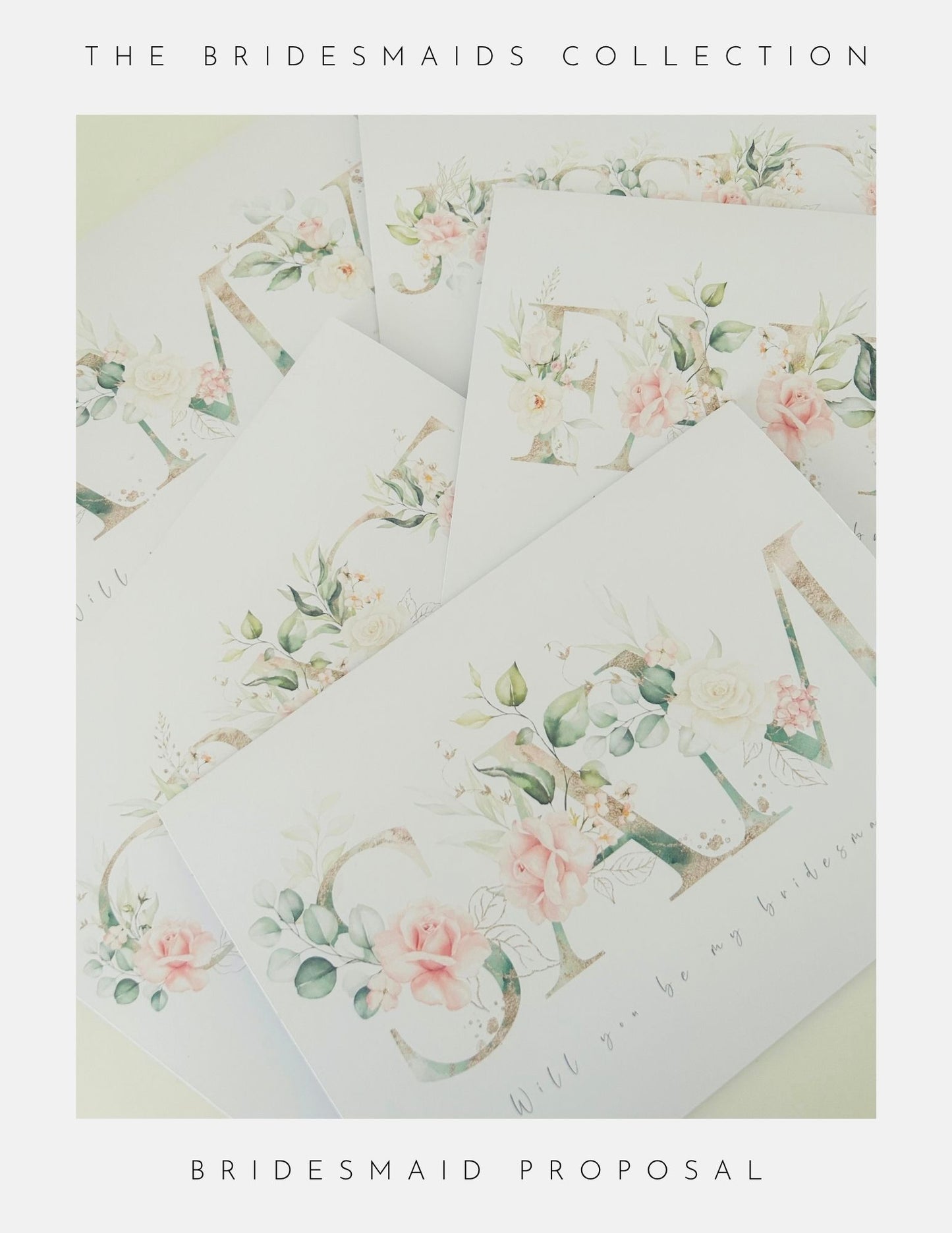 A set of elegant envelopes with floral designs and gold letters, presented fan-style. Each says, Will you be my bridesmaid? from Phoenix Englands Bridesmaids Proposal Ideas Sterling Silver Collection. Perfect for bridesmaid proposals.