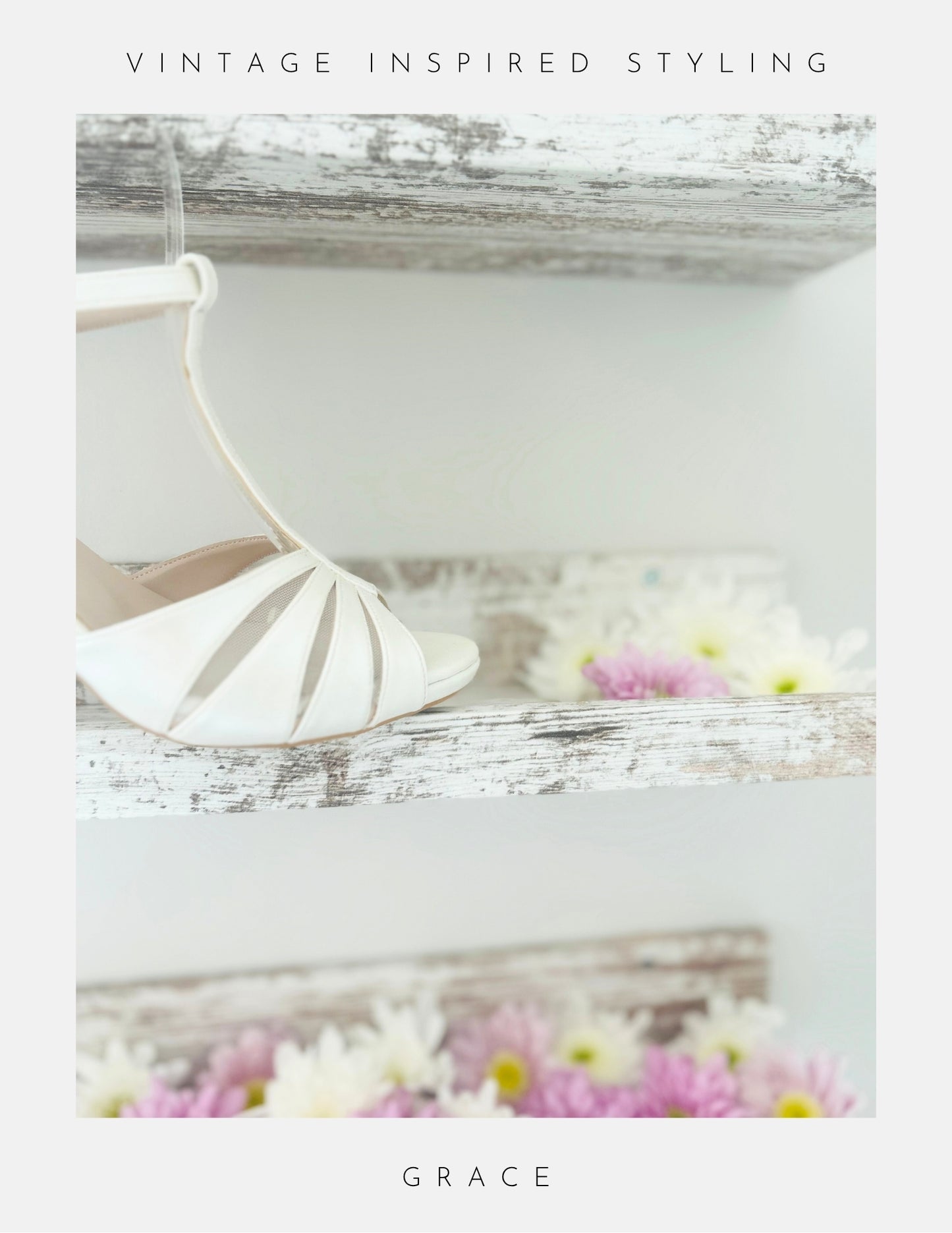 An ivory bridal shoe shown with flowers on a shelf with vintage styling to the front off the shoe.