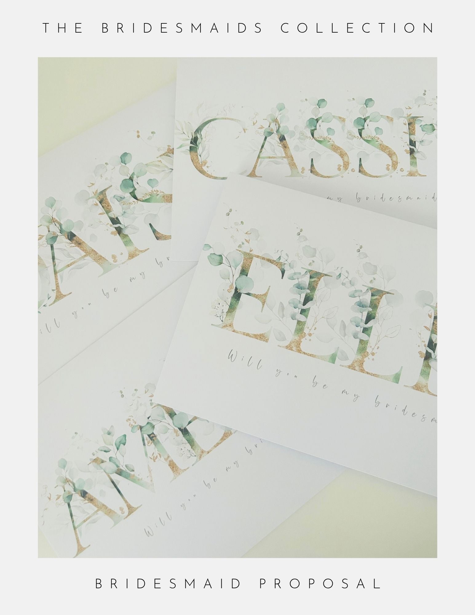 Four elegant Maid Of Honour Proposal Sterling Silver cards by Phoenix England, featuring gold and green floral lettering on a white background, with text above and below: The Bridesmaids Collection and Maid Of Honour Proposal.