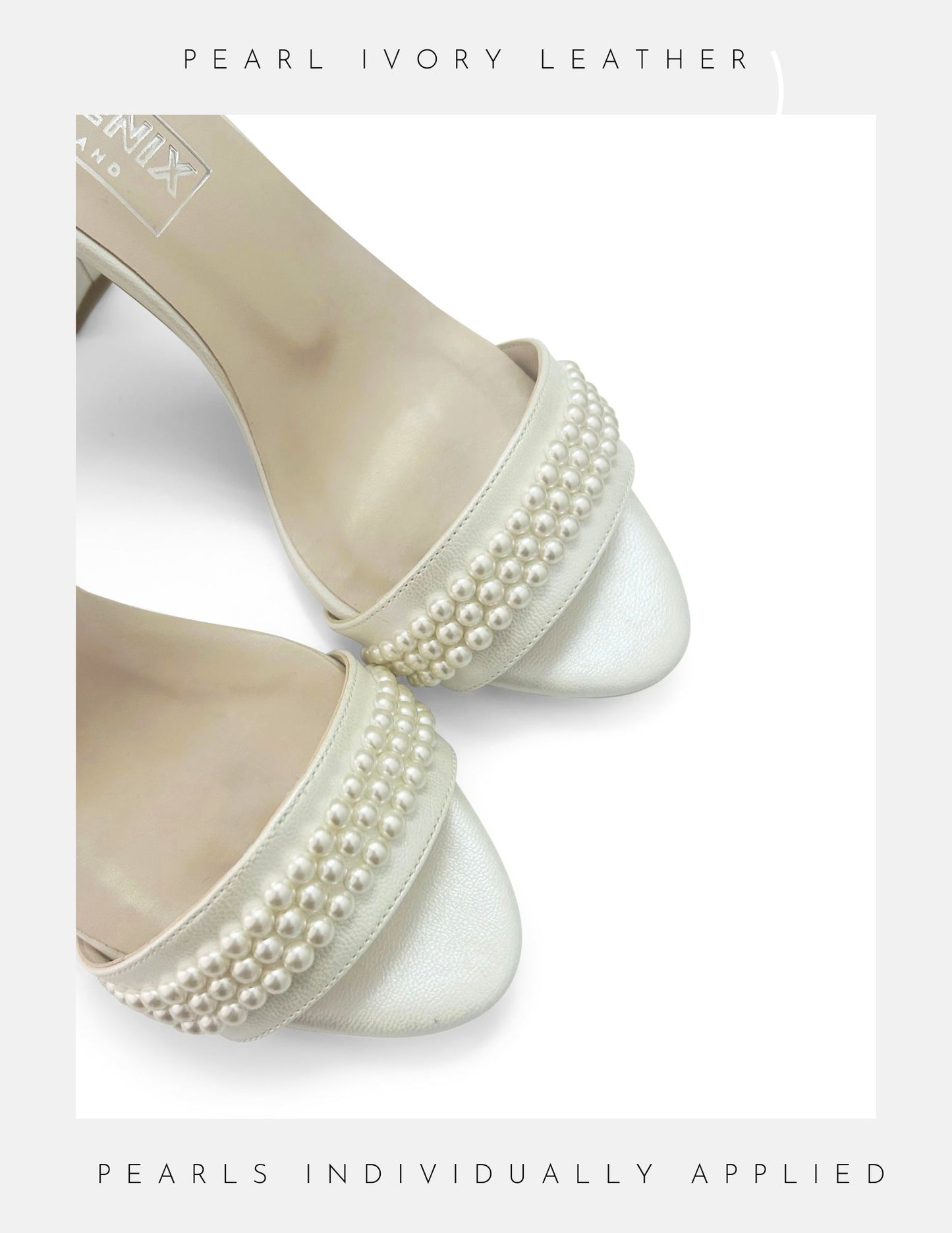 Pearl-embellished ivory bridal shoes showing close up detailing of the open toe.