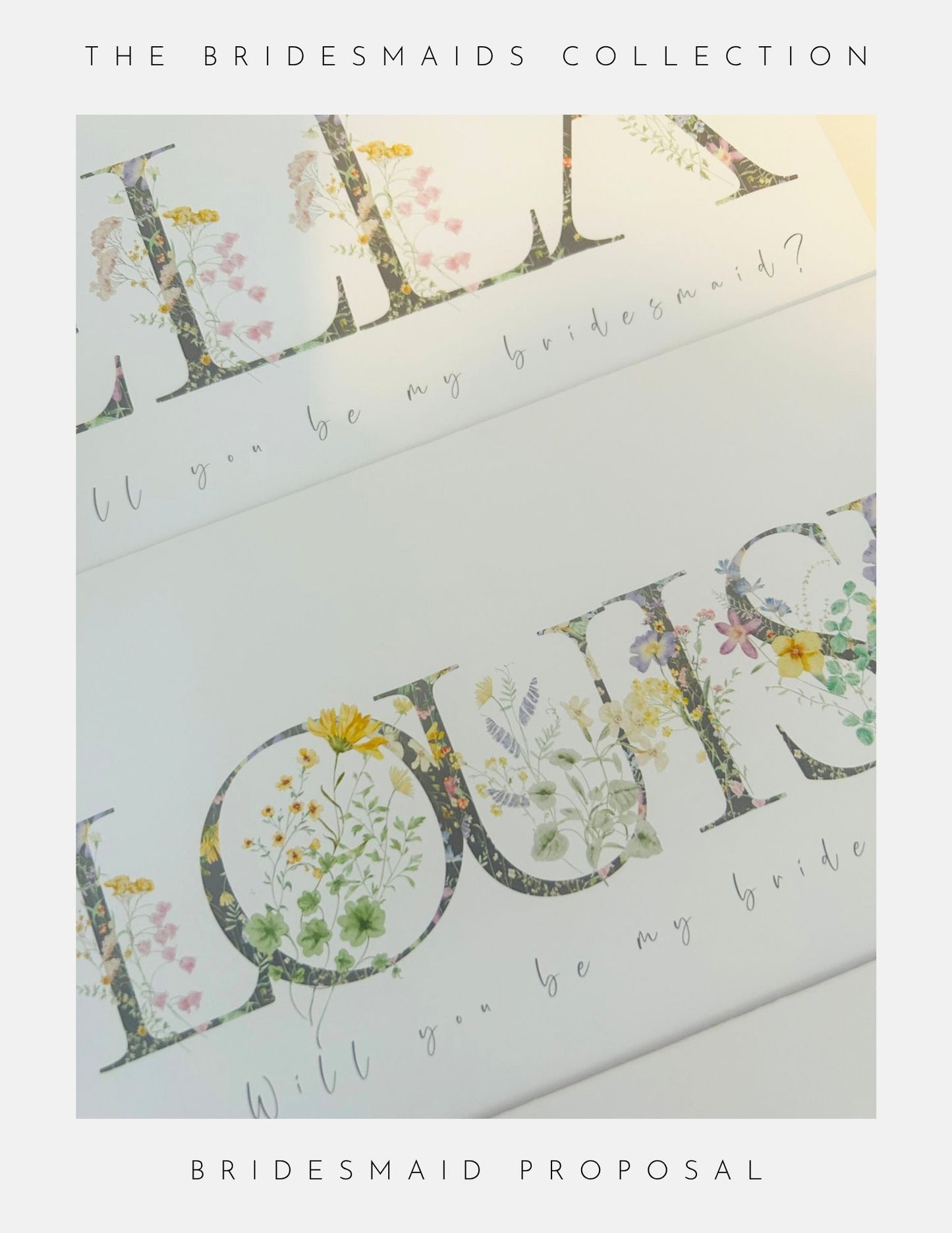 Two elegant cards from Phoenix England feature large floral letters and handwritten “Will you be my bridesmaid?” text. Each card, labeled Thank You Bridesmaid, includes delicate flower illustrations, perfect for proposals or The Bridesmaids Collection.