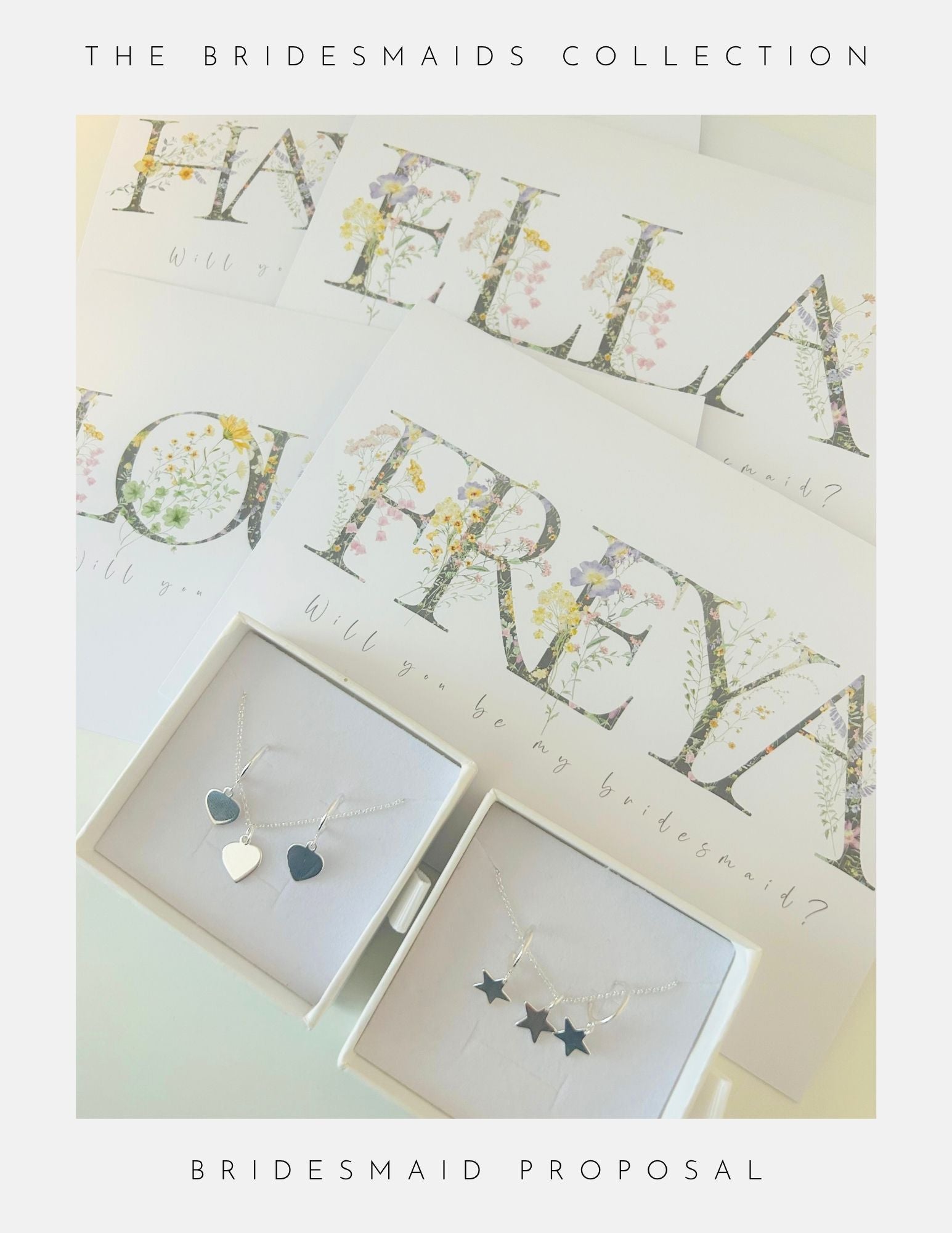 Two jewelry boxes with silver heart and star charms sit atop floral cards. The text reads: Phoenix England Thank You Bridesmaid Gift Ideas. The perfect bridesmaid proposal and appreciation gift.