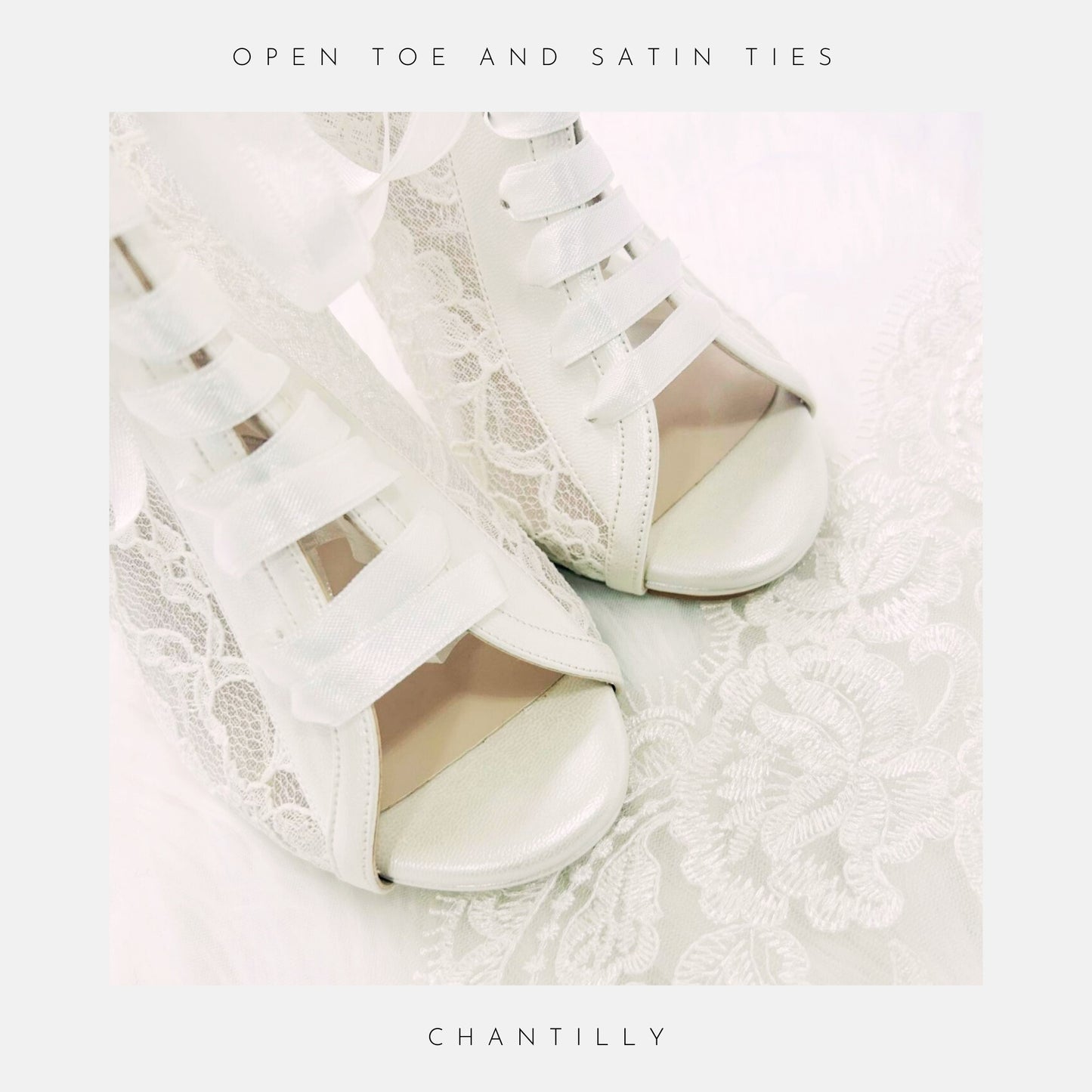 A close up of the front of the Chantilly ivory bridal boot on a lace bridal gown.