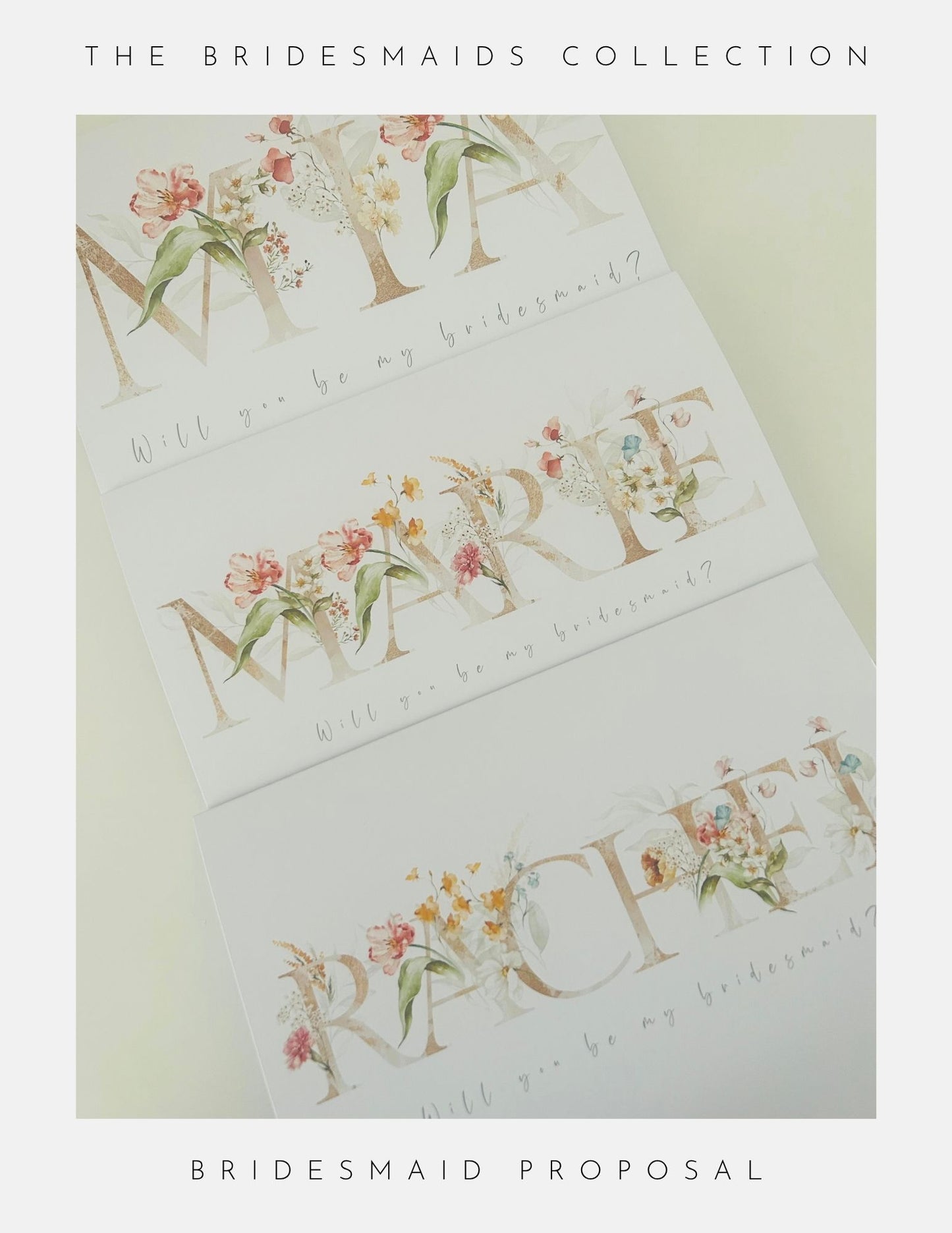 Three elegant floral letter cards from Phoenix England’s Will You Be My Bridesmaid Gifts collection—each with “Will you be my bridesmaid?”—perfect for proposals or gifting to your bridal party.