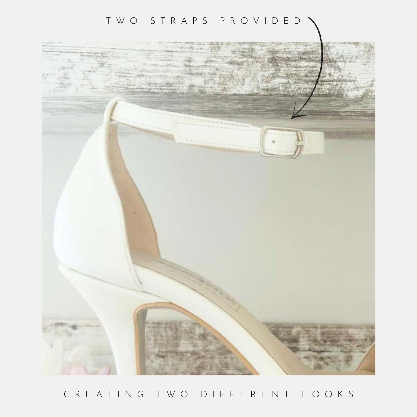Ivory sandal with adjustable strap on a textured surface