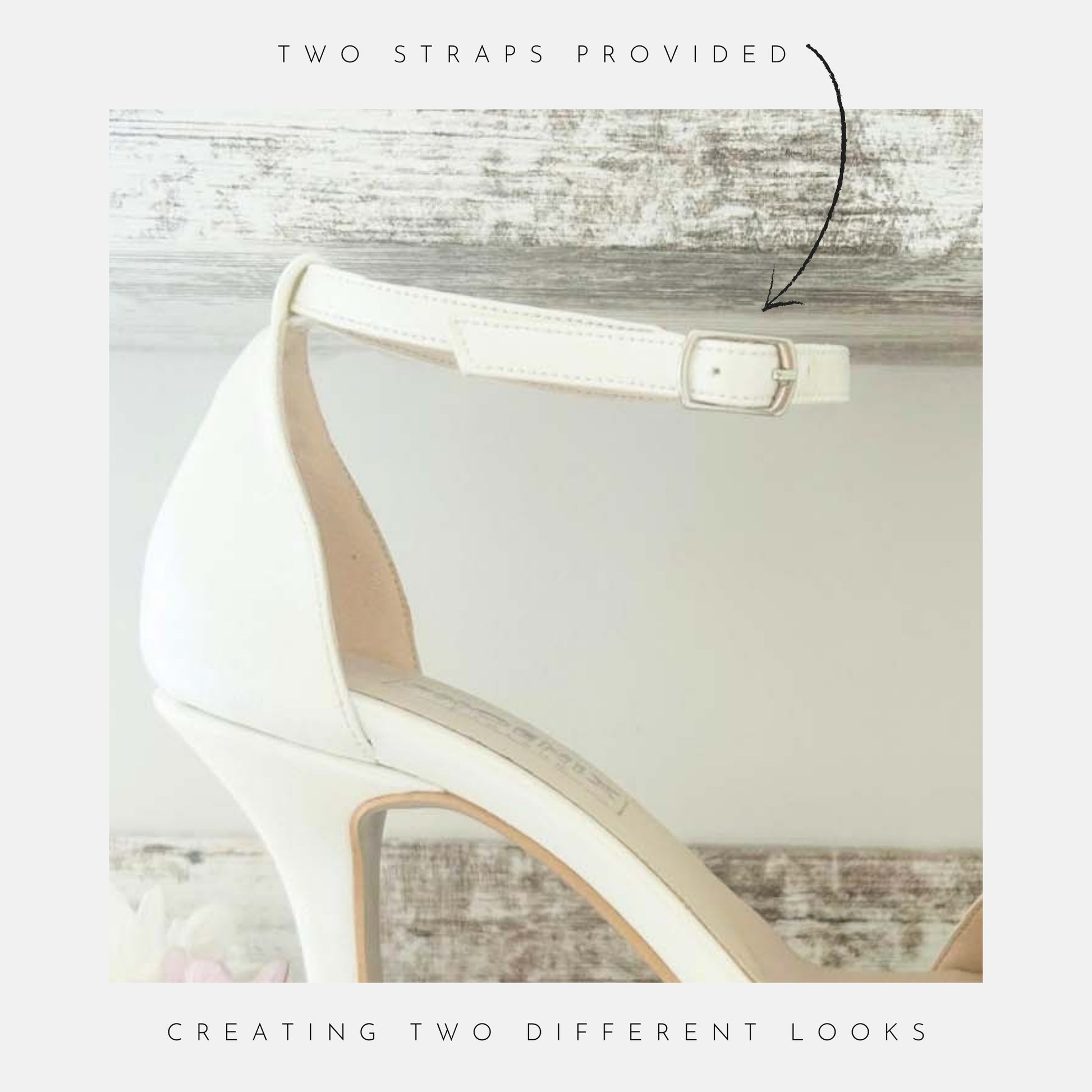 Ivory sandal with adjustable strap on a textured surface