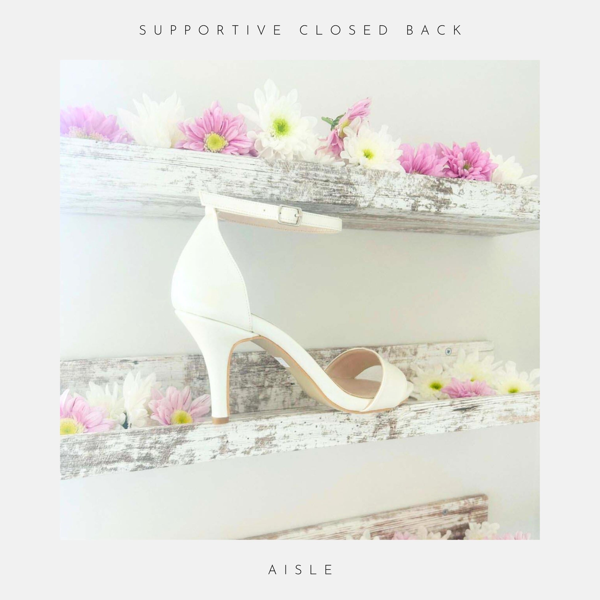 An ivory high-heeled shoe on a decorative shelf with flowers, labelled 'Aisle'.