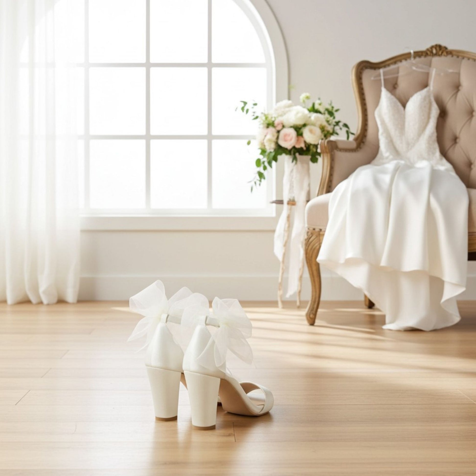 Back of block heel wedding shoes with large bows on a wooden floor, next to a white dress and flowers in a room with a large window.