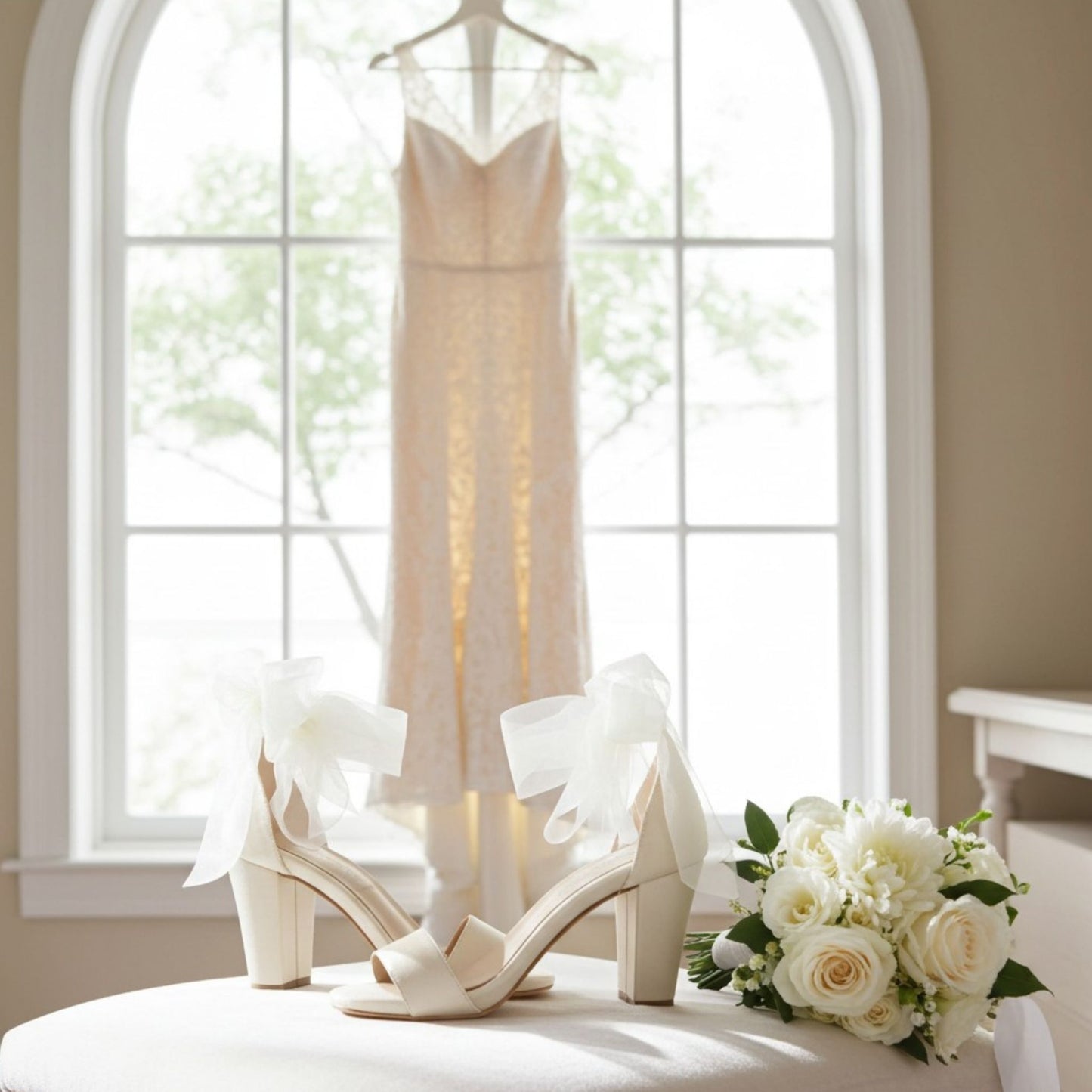 Ivory block heel wedding shoes with ribbons on a white surface in front of a window with a dress and bouquet.