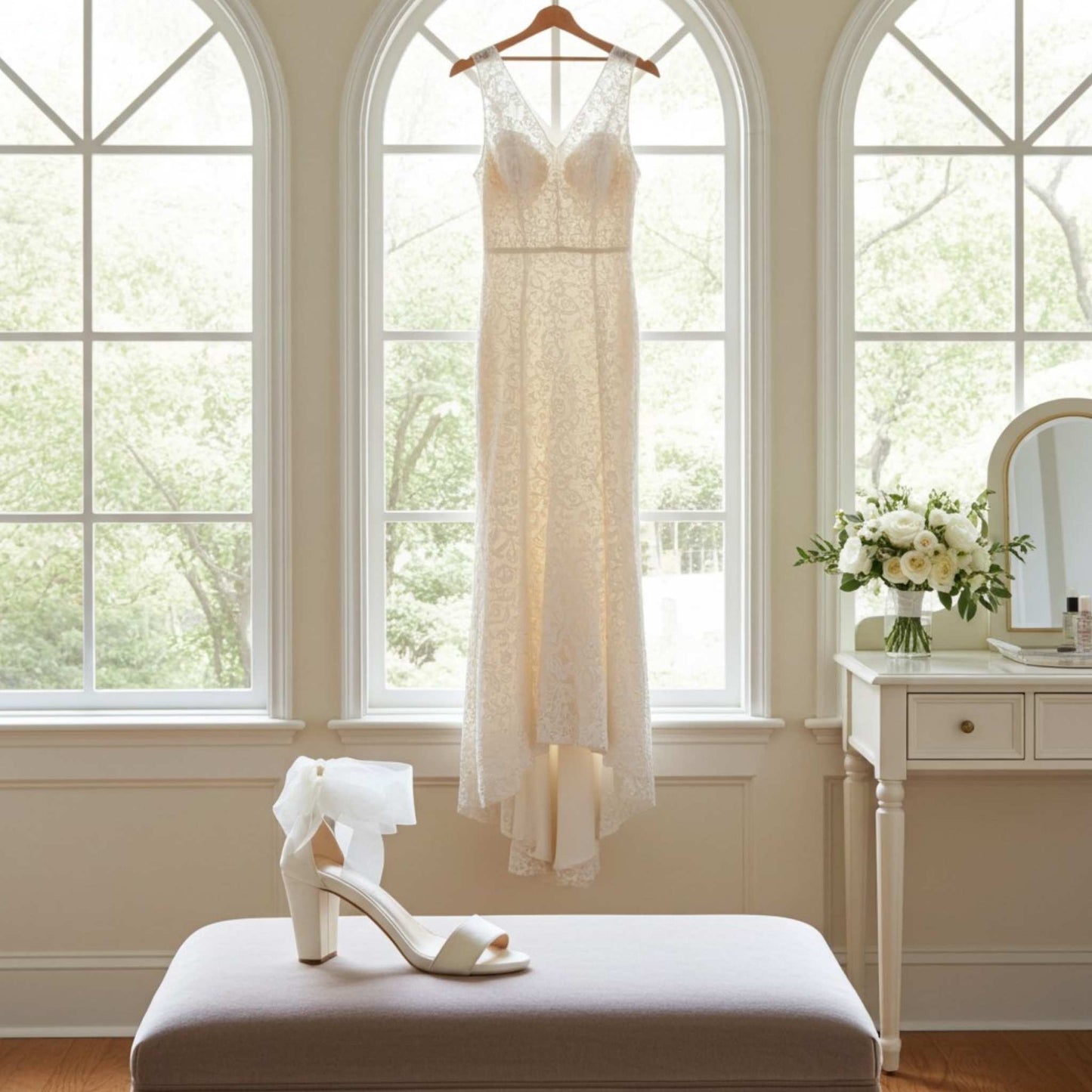 Single bridal shoe with block heel and open toe in front of windows with bridal gown hanging in the window.