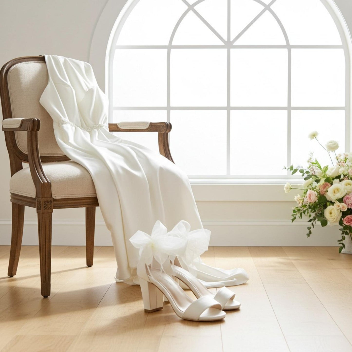 Block heel bridal shoes with open toe, flower arrangement in the corner and a simple bridal gown on a chair.
