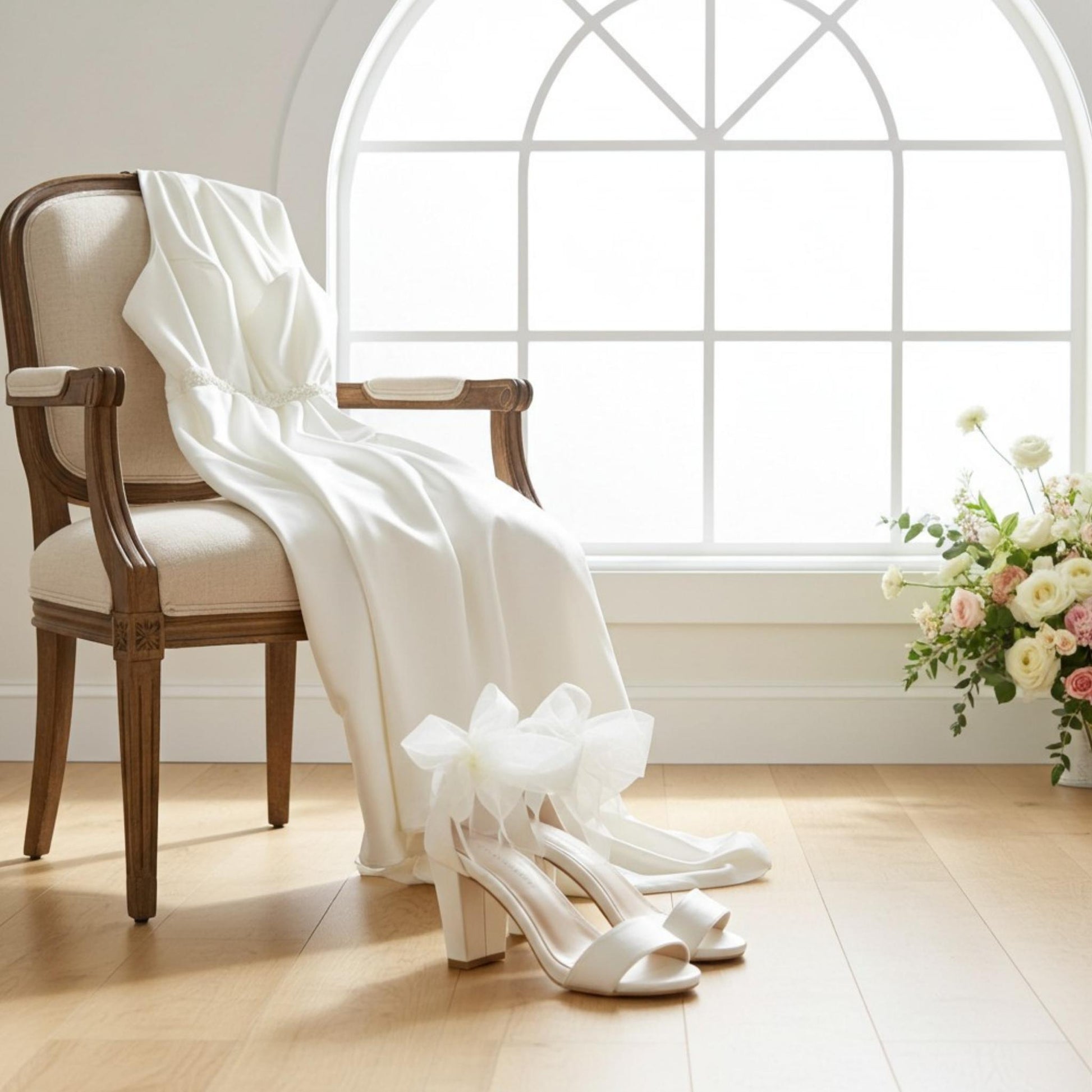 Block heel bridal shoes with open toe, flower arrangement in the corner and a simple bridal gown on a chair.