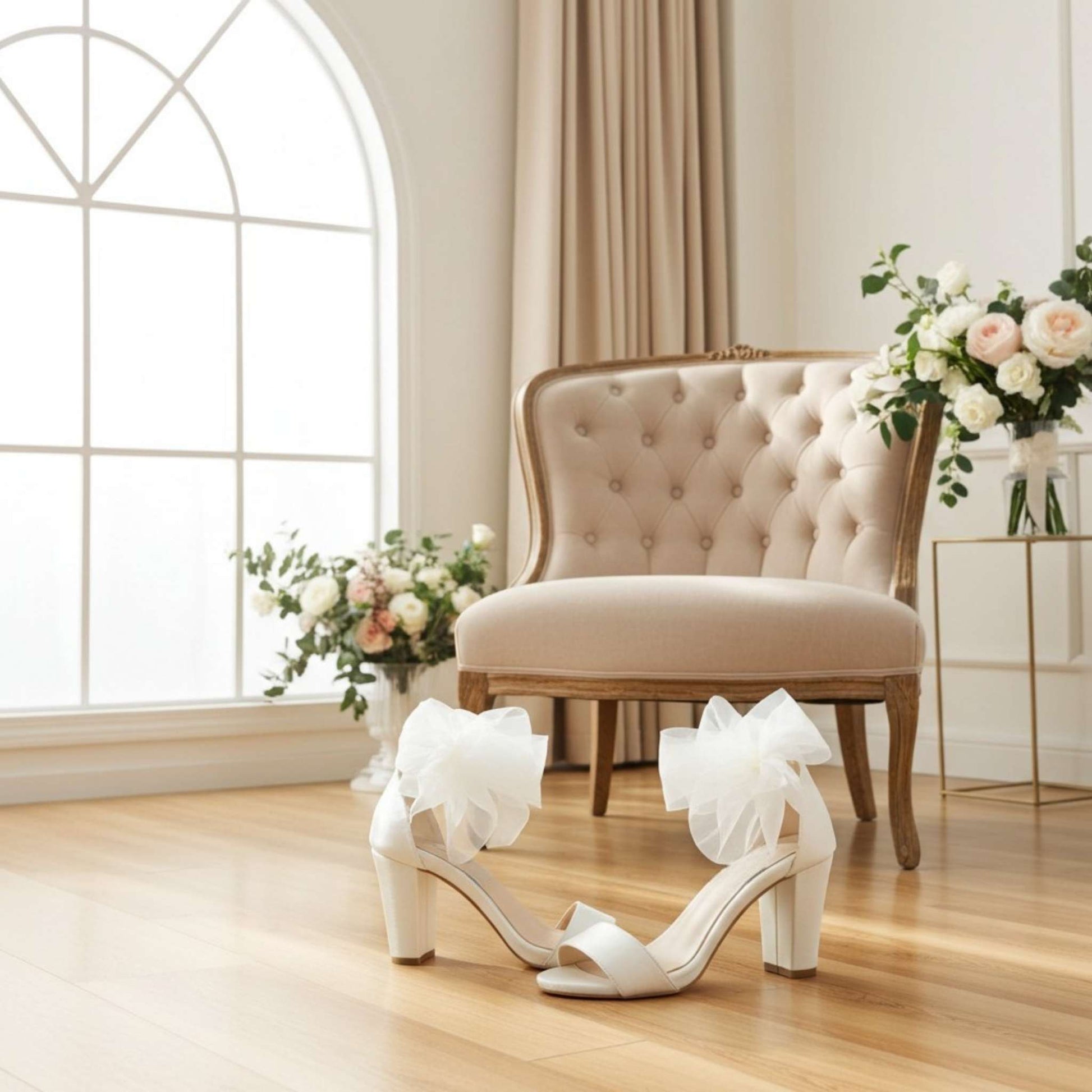 Ivory high block heel shoes with bow details on a wooden floor, with a beige armchair and floral arrangements in the background.