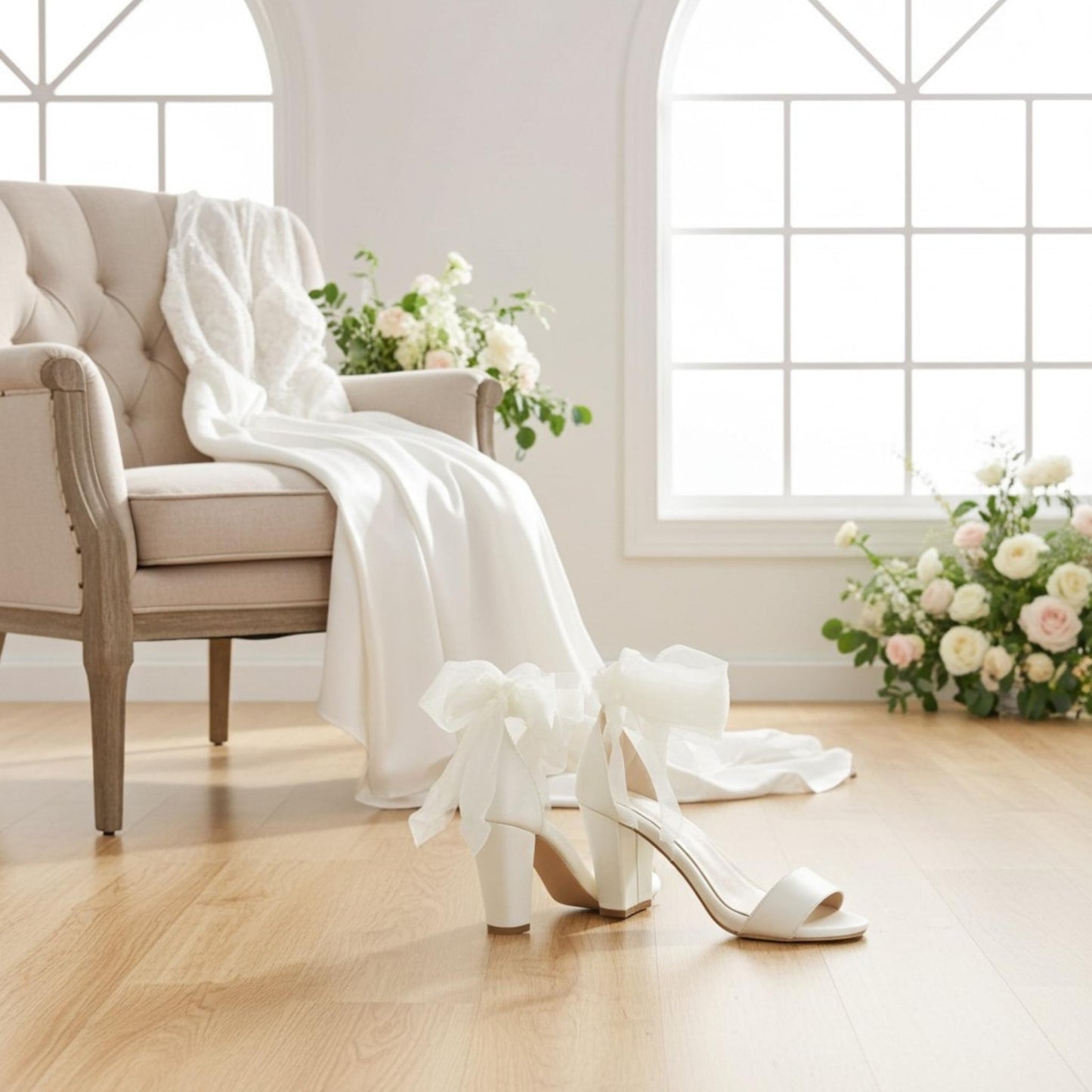Ivory high-heeled shoes with ruffles on a wooden floor in a bright room with flowers and a chair with brides gown on.