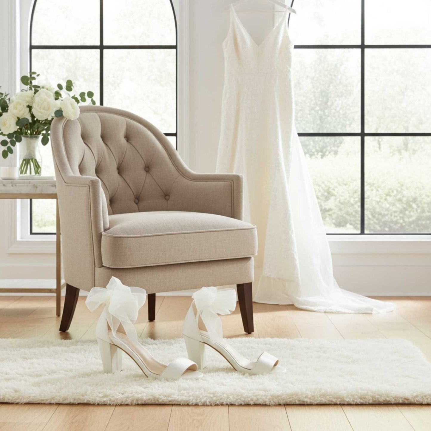 Beige armchair in a bright room with ivory block heel shoes and a dress hung up.