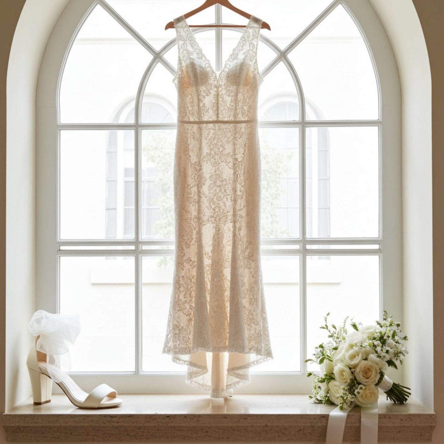 Lace wedding dress on a hanger with a bouquet and bridal shoe in front of a large window.