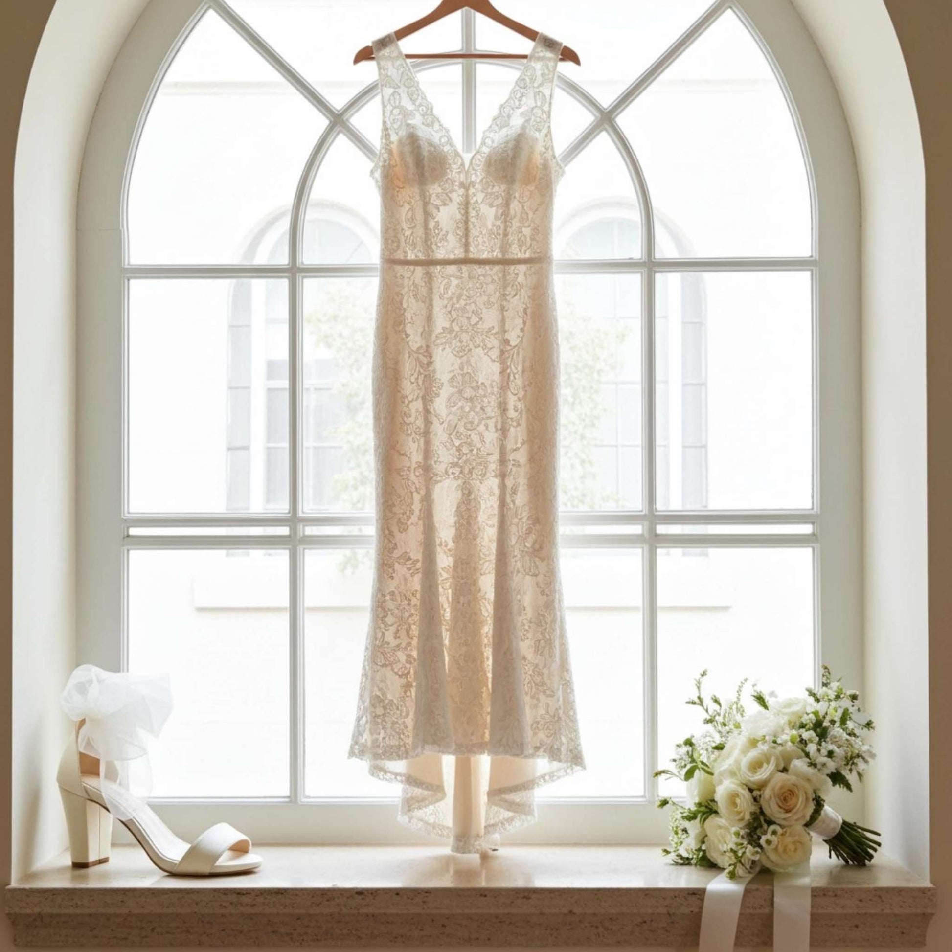 Lace wedding dress on a hanger with a bouquet and bridal shoe in front of a large window.