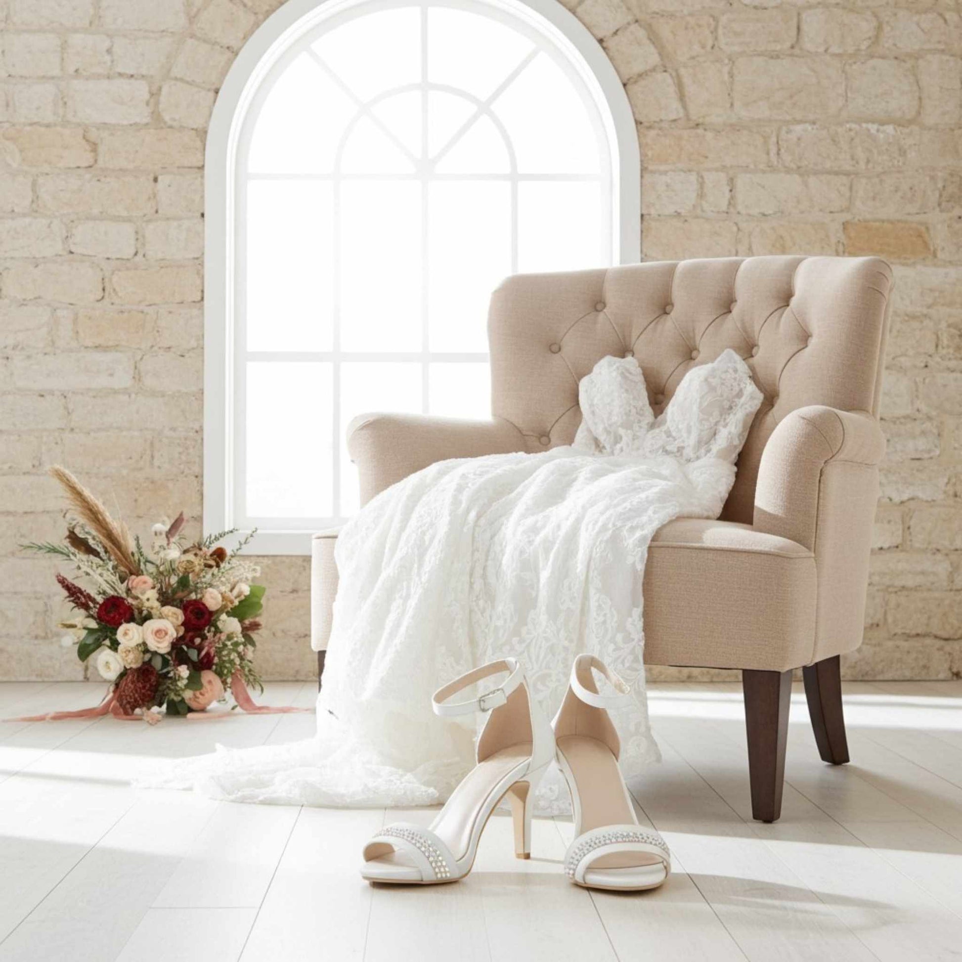 Open toe rhinestone bridal shoes in front of a bridal gown on beige chair, bouquet of bridal flowers also.