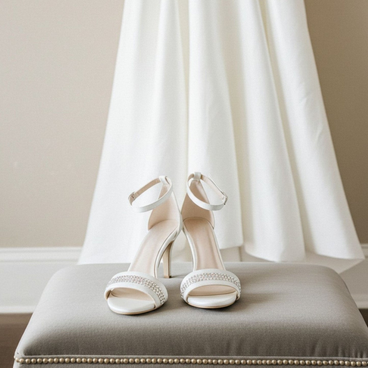 Ivory wedding shoes with decorative straps on a grey cushion in front of a wedding dress.