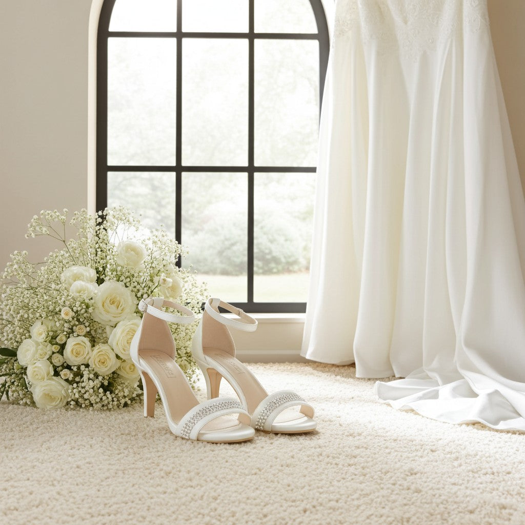Pair of ivory high-heeled sandals with rhinestone details next to a bouquet of white flowers in a room with a window and white curtains.