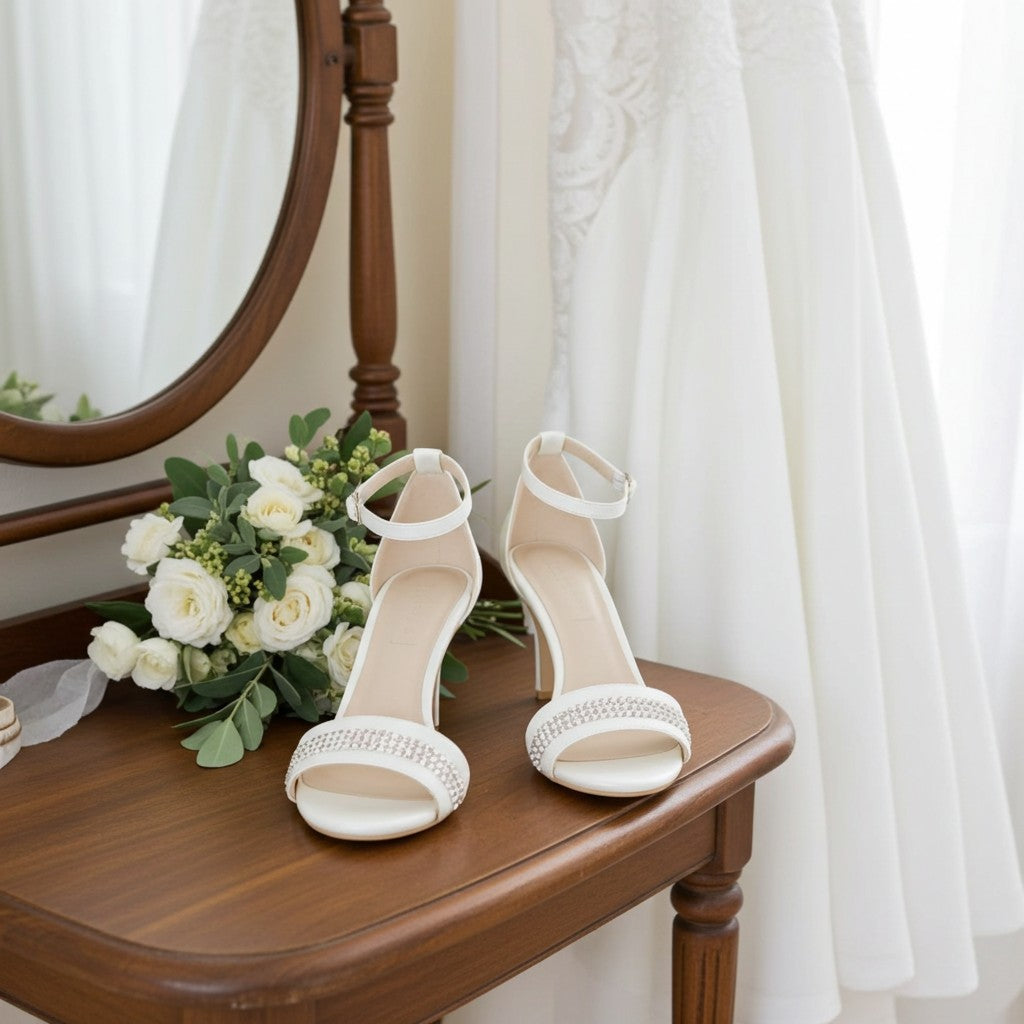 Ivory high-heeled shoes on a wooden table with flowers and a mirror in the background