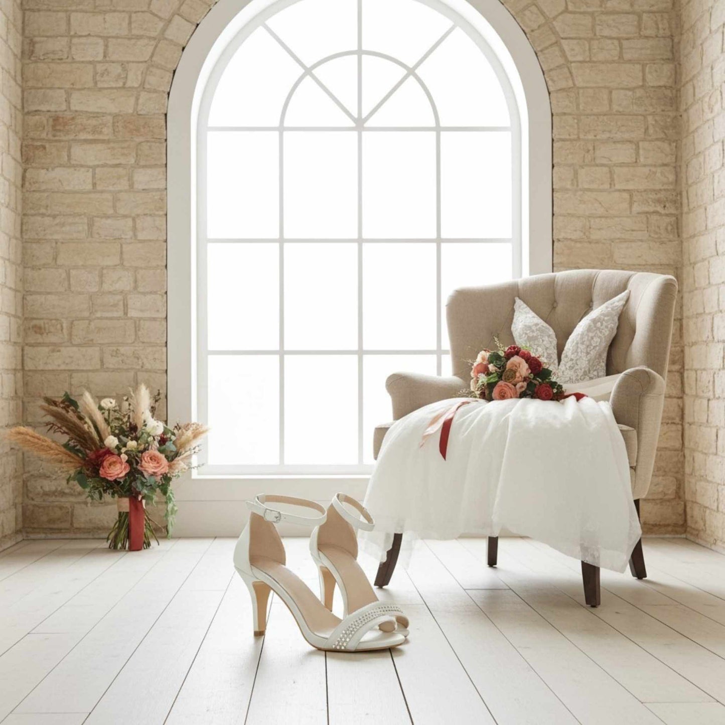 Large window with bridal gown on chair and open toe crystal high heel bridal shoes in front.
