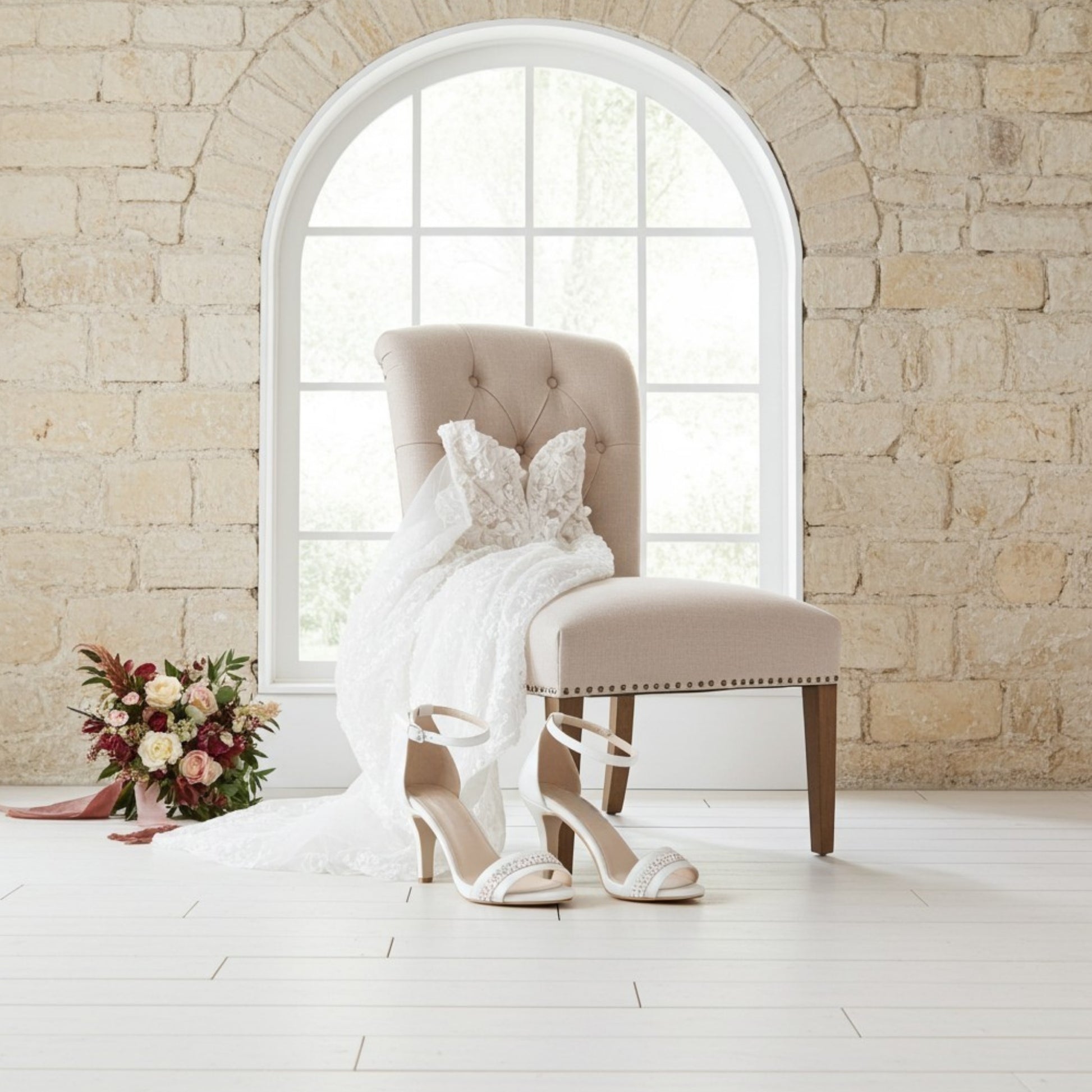 Large window with beige chair in front and wedding gown, rhinestone bridal shoes are at the front with an ankle strap.
