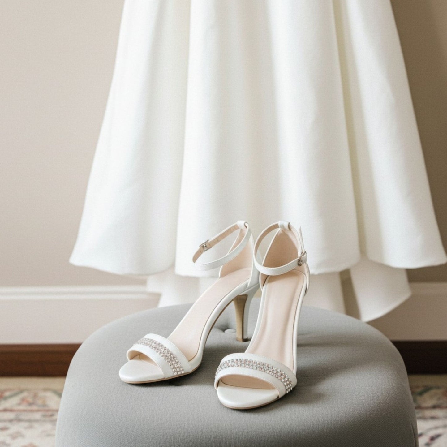 Ivory high-heeled shoes with embellishments on a grey stool, with a white dress in the background.