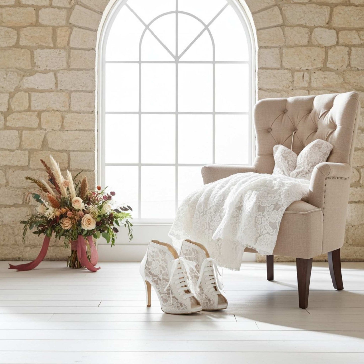 Beige armchair with lace bridal, ivory high-heeled bridal boots, and floral arrangement on a stone wall background