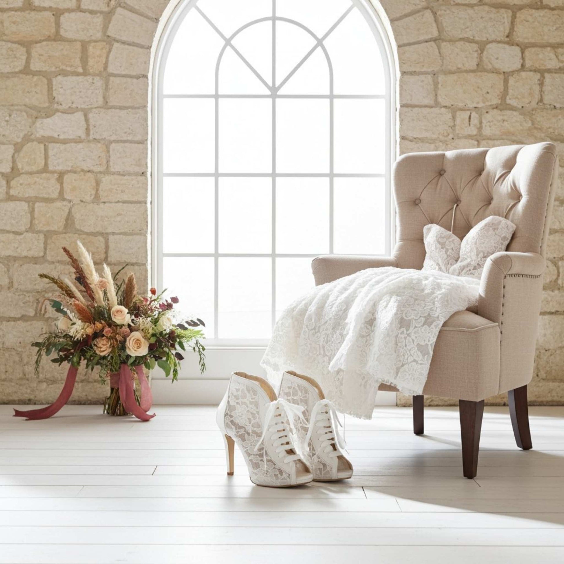Beige armchair with lace bridal, ivory high-heeled bridal boots, and floral arrangement on a stone wall background