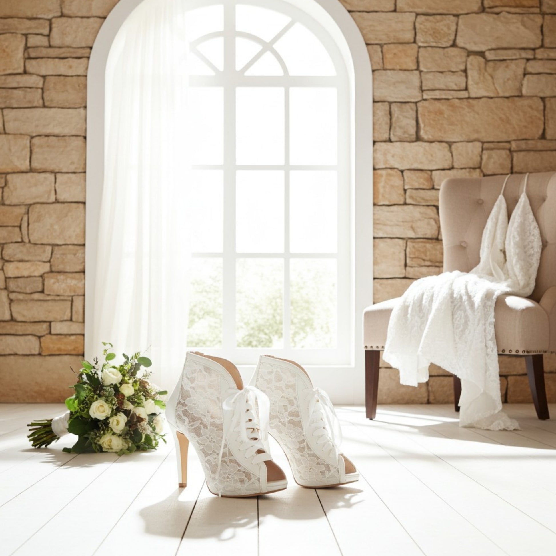 Ivory lace high-heeled shoes and a bouquet of flowers on a wooden floor with a stone wall and large window in the background.